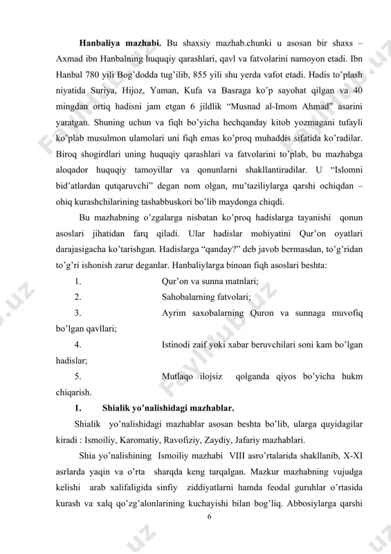 alq qo’zg’alonlarining kuchayishi bilan bog’liq. abbosiylarga qarshi kurashni davom ettirish tarafdori bo’lgan bir guruh shialar 6 – imom ja’far sodiqning katta o’g’li ismoil atrofiga jipslashadilar. ix asr oxiriga kelib ismoiliy oqimi mustaqil mazhab sifatida tashkil topadi. uning ta’limoti avvalo, ikkiga – zohiriy (ochiq) va botiniy (maxfiy) yo’nalishiga bo’linadi. o’rta asr mobaynida ismoiliylar orasidan nazariy (hashshoshiy), musta’liy, druz, qirmitiy oqimlari ajralib chiqqan,hozirgi davrda nizoriy mazhabi suriya, eron, pokiston, avg’oniston shimolida, pomirda musta’liy mazhabi esa, yaman, hindiston, pokiston, misrda, druz mazhabi suriya va livanga saqlanib qolgan. qaromatiy mazhabi. qaromatiylar shia mazhabidagi ismoiylarning asosiy shaxobchalaridan biri bo’lib, ix asr oxirida iroqda vujudga kelgan, suriya va yamanda tarqalgan. ularning rahnamosi hamdosh ibn ash’asning o’g’li abu tohir sulaymon (914-943) davrida qaromatiylar 930 yil haj vaqtida makkaga bostirib kirib, shaharni talon- taroj qilganlar, bir necha ming hojini va makka aholisini qatl etib, asrga olganlar. ka’bani vayron qilib, qora toshni ikkiga bo’lib, bahroinga olib ketganlar. faqat 20 …