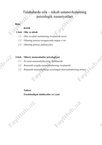 talabalarda oila – nikoh ustanovkalarning psixologik xususiyatlari — DOC