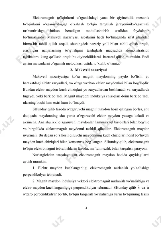 o’lib, to’lqin tarqalish yo’nalishiga ya’ni to’lqinning tezlik vektorini yo’nalishiga perpendikulyar tekislikda yotadilar. ana shu elektromagnit to’lqinni ko’ndalang to’lqin deyishimizda asos bo’ladi. elektr maydon kuchlanganligi vektori va magnit maydon induksiya vektori bir hil fazada tebranadilar ya’ni va bir vaqtda nolga teng bo’ladi va bir vaqtda maksimumga erishadi. bu ma’lumotlarga asoslanib, elektr maydon kuchlanganligi va magnit maydon induksiyasi ning o’zgarishi va shu bilan birga to’lqin tarqalishini tezligi yo’nalishini grafik ko’rinishda ifodalash mumkin (101-rasm). shu grafikdan foydalanib to’lqin uzunligi tushunchasini o’quvchilarga yetkazamiz. elektromagnit to’lqinning bir tebranish davriga teng vaqt ichidagi siljish masofasi to’lqin uzunligi deyishadi. elektromagnit to’lqinning vakuumdagi tezlik va elektr va magnit doimiylari; muhitda elektromagnit to’lqin tezligi , bu yerda va - muhitning dielektrik va magnit singdiruvchanliklari. agar elektromagnit to’lqinlarning tebranish davri t va chastotasi bo’lsa, u holda tarqalish tezligi: elektromagnit to’lqinlarning xossalarini o’quvchilarga tushuntirishda, avvalo ularning xossalari boshqa fizik tabiatli barcha to’lqinlar xossalari bilan birhilligini va bunda faqat elektromagnit to’lqinning ko’ndalang …