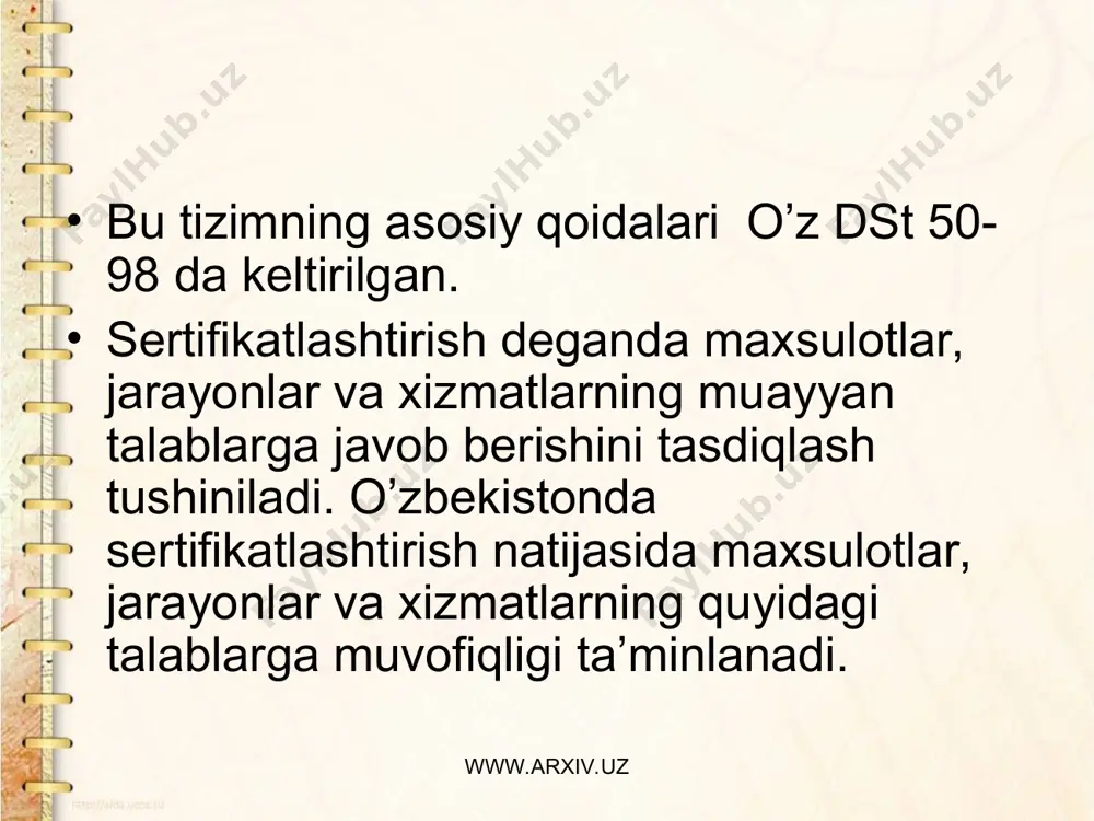 olish metrologiyani asosiy vazifasi hisoblanadi. www.arxiv.uz www.arxiv.uz kvalimetriya metrologik masalarini o’rganadigan bo’limi. kvalimetriyada mahsulot sifatini o’lchash va baholash uchun sifat ko’rsatkitshlarini baholaydilar. davlat standart bo’yicha sifat ko’rsatkiyachi bu mahsulotni barcha hossalari bo’lib, uni vazifasiga qarab ma’lum ehtiyojlarini qoniqtirishni ta’minlaydi. quyidagi sifat ko’rsatkitshlari belgilanadi. 1. vazifa ko’rsatkitshlari mahsulot nimaga muljallangan va ishlatilish sohasiga karab asosiy hizmatini belgilaydigan hossalarni ta’riflaydi. 2. ishontshlik ko’rsatkitshlari mahsulotni bo’zilmaslik, ko’pga chidamlik, ta’mirga yaroklik va yahshi saklanish hossalarni ta’riflaydi. 3. iktisod ko’rsatkitshlari hom ashyo, material, ekilgi va energiyani tejamli ishlashni ta’riflaydi. 4. ergonomik ko’rsatkitshlari- odamni gigienik, fiziologik va psihologik kobiliyatini hisobga oladi. www.arxiv.uz www.arxiv.uz 5. estetik ko’rsatkitshlar mahsulotni tashqi ko’rinishi, ratsional shakli, yahlitligi va mukammal tayyorligini ta’riflaydi. 6. tehnologik ko’rsatkitshlar mahsulotni tarkibi va tuzilishini ta’riflaydi, bo’lar esa ishlab chiqarish va foydalanishda minimal harajatlarni belgilaydi. 7. transportga loyiqlik ko’rsatkitshlari mahsulotni fazoda joyini o’zgartirishga qulayligini ta’riflaydi. 8. standartizatsiya ko’rsatkitshlari mahsulot standart, tehnik shart va boshqa talablar bilan to’ldirilganligini ta’riflaydi. …