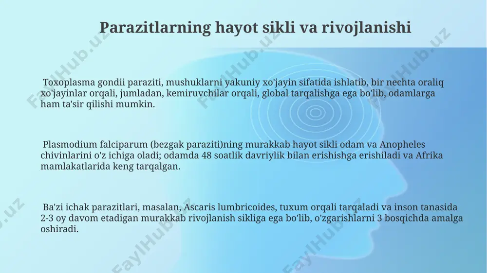 mintaqasida, xususan o'zbekistonning qishloq joylarida, geoparazit infektsiyalarining yuqori tarqalishi, suv va sanitariya sharoitlarining yomonligi sababli, sog'liqni saqlash muammolarini keltirib chiqaradi. parazitlardan himoya choralari o'zbekiston hududida, 2023-yilgi ma'lumotlarga ko'ra, ichak parazitlari bilan kasallanishning yuqori ko'rsatkichlari qayd etilgan. profilaktika choralari sifatida qo'l yuvib yurish va ovqatlarni yaxshilab issiqlik bilan ishlov berish zarur. jahon sog'liqni saqlash tashkiloti ma'lumotlariga ko'ra, har yili 1 milliarddan ortiq odam turli xil parazit infektsiyalariga chalinmoqda, shu jumladan, 100 mingdan ortiq odam afrika mamlakatlarida. shuning uchun, shaxsiy gigiena qoidalariga rioya qilish juda muhim. toza suvning yetishmasligi, ayniqsa, janubi-sharqiy osiyo mamlakatlarida, parazit infektsiyalari tarqalishining asosiy sabablaridan biri hisoblanadi. suv filtrlaridan foydalanish va suvni qaynatish, 99% gacha parazit tuxumlarini yo'q qiladi. e'tiboringiz uchun rahmat @taqdimot_robot image1.png