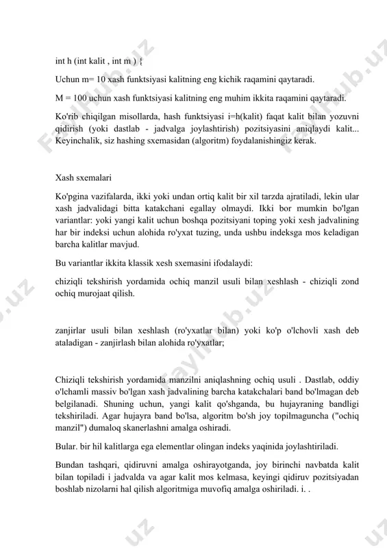 ifalarda, ikki yoki undan ortiq kalit bir xil tarzda ajratiladi, lekin ular xash jadvalidagi bitta katakchani egallay olmaydi. ikki bor mumkin bo'lgan variantlar: yoki yangi kalit uchun boshqa pozitsiyani toping yoki xesh jadvalining har bir indeksi uchun alohida ro'yxat tuzing, unda ushbu indeksga mos keladigan barcha kalitlar mavjud. bu variantlar ikkita klassik xesh sxemasini ifodalaydi: chiziqli tekshirish yordamida ochiq manzil usuli bilan xeshlash - chiziqli zond ochiq murojaat qilish. zanjirlar usuli bilan xeshlash (ro'yxatlar bilan) yoki ko'p o'lchovli xash deb ataladigan - zanjirlash bilan alohida ro'yxatlar; chiziqli tekshirish yordamida manzilni aniqlashning ochiq usuli . dastlab, oddiy o'lchamli massiv bo'lgan xash jadvalining barcha katakchalari band bo'lmagan deb belgilanadi. shuning uchun, yangi kalit qo'shganda, bu hujayraning bandligi tekshiriladi. agar hujayra band bo'lsa, algoritm bo'sh joy topilmaguncha ("ochiq manzil") dumaloq skanerlashni amalga oshiradi. bular. bir hil kalitlarga ega elementlar olingan indeks yaqinida joylashtiriladi. bundan tashqari, qidiruvni amalga oshirayotganda, joy birinchi navbatda kalit bilan …