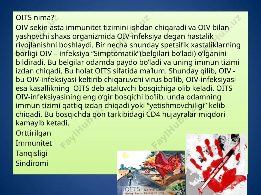 a’kidlamoqchiman. gellap xizmatining m’alumotiga binoan 12 % so’ralganlar: “oits – axloq-ma’naviy me’yorlarining susaygani uchun jazo”, deb javob berganlar. gomoseksualizm va narkomaniyani qoralovchilar oits insonning yashash qoidalarini buzgan gunohkorlar uchun haqiqiy jazo deb hisoblaydilar. boshqa fikrdagilar “oits bu baxtsizlik” deb hisoblaydilar. barchaga ma’lumki, 1-dekabr xalqaro oitsga qarshi kurashish kuni. dunyoda aql bovar qilmas darajada ko’payib borayotgan oits kasalligiga chalinish buxronini to’xtatish bugunning eng muhim masalalaridan biri ekanini anglash va tushunish har bir fikrlovchi fuqarolarga taaluqlidir. odamlarni bu ofatdan saqlashda asosiy e’tiborni jamiyatimizning qadimdan odat bo’lib kelgan sog’lom turmush tarzini targ’ib etish, xalqimiz tomonidan qoralangan illatlar (narkomaniya, foxishabozlik, ichkilikbozlik)ni tag-tomiri bilan yo’qotish kabi masalalarga qaratish darkor. oits nima? oits- orttirilgan immunitet tanqisligi sindomi so’zlarining qisqartmasidir. ya’ni orttirilgan – tug’ilmagan, balki virus (oitv) ning ta’siri oqibatida olingan; immunitet – tizimga taaluqli; tanqisligi – kasallikni chaqiruvchi viruslar hozir bo’lganda immunitet tizimi tomonidan javob bo’lmasligidir; sindrom – bu insonning kasal ekanligini ko’rsatib beruvchi bir qator …