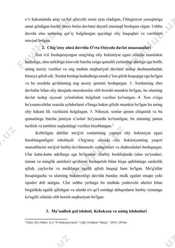 aslarning mavqei oshgan ular shahzoda deb tan olinmagan bo'lsa-da, amirlikka ega bo'lgan. qoraunas amirlari qudrati qazag'onning 1347-yilda movarounnahrni egallab olgan vaqtida yuqori darajaga yetgan edi. mo'g'ul hukmron doiralarining mahalliy aholi yuqori tabaqalari bilan yaqinlashuvi o'lka hayotining biroz jonlanishiga ijobiy ta’sir o'tkazdi. bu davrda pul muomalalri bilan bog'liq ijtimoiy guruhlar ta’siri kuchayib bordi. ular sadrlar deb atalardi. ularning ko'pi ruhoniylar orasidan chiqqan bo'lib, asosiy pul ishlari ularning tasarrufida bo'lgan. shu bilan birgalikda ular katta pul mablag'lariga ega bo'lib, shaharlarning savdo-sotiq hayotini ularsiz tasavvur etib bo'lmasdi. 1271-yilda ma’sudbek pul islohoti 0’tkazdi. movarounnahr viloyatlarida bir xil vazndagi kumush tangalar zarb etildi va muomalaga kiritildi. bu tangalar qayerda zarb etilishidan qat’i nazar umumdavlat muomalasida bo’la olar edi. kumush tangalar o'sha davr 0’rta osiyo feodal jamiyatining ichki savdo qiymati va hajmi darajasiga mos kelar edi. bu tadbirning muhim tomoni shundaki, kumush tangalar zarb etish erkin bo’lib, har kim o'z kumush buyumini zarbxonaga keltirib, uni xohlaganicha …