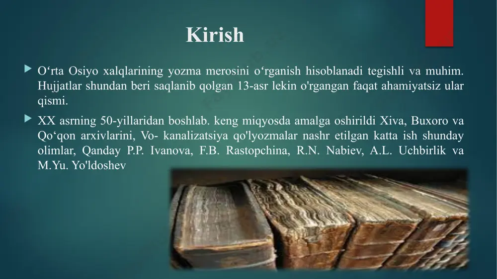 "sharqning yozma yodgorliklari" jurnalidagi hammom (moskva, 1987) ko'rib chiqilgan bitta qiziqarli ish bo'yicha hukmni o'rganishga bag'ishlangan mu samarqand sud ichida 1588-1591 yillar gg. mustaqillik yillarida o‘zbekiston mustaqillik yillarida o‘zbekistonda ham qator tadqiqotlar amalga oshirildi vaqf qog'ozlarini o'rganish uchun. olimlar bu haqdagi hujjatlarni o'rganishdi buxoro viloyati chekkasida joylashgan shlaklar . vakuum bu- 15-asr — 20-asr boshlari buxoro, xiva qoziliklariga qarashli sehrgarlar. osmon, qo'qon xonliklar, bor muhim yoritish manbai o'sha davrlar tarixi. v.l. uchun. vyatkin, ular aniqlashda katta rol o'ynadi ulug'bek rasadxonasi o'rnini bo'lish . o'rganishda juda ko'p ish kufniy qog'ozlar bajarildi g. jo'raeva . xulosa mashhur sharqshunos olim a.o‘rinboyevning yirik tadqiqoti o'z ichiga olgan barcha yozishmalar «muraqqa'i alisher» («alisher albomi»). o'z davrining 16 ta mashhur shaxslarining 594 ta imzosi bor. vakillari tasavvuf naqshbandlar xuroson va moverannahr xv ichida. aulardan 337 tasi abdurahmon jomiyga, 128 tasi xoja ubaydulla valiyga, qolganlarini esa uning yaqin muridlari, shuningdek, so'fiylar xo- rasana" . hujjatlar ekologiyani ta'kidlash …
