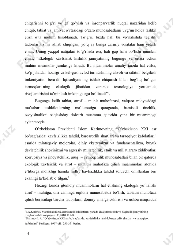 , shu bilan kifoyalanadi. xx asrning ikkinchi yarmida tabiat va jamiyatning o’zaro ta’siri juda keng ko’lamda sodir bo’lishi tufayli umumzaminiy muammolar qatoriga mansub bo’lgan ekologik muammolarni keltirib chiqardi. yuqorida ta’kidlanganidek, inson faoliyatining tabiatga ta’siri tarixiy davrlar davomida muntazam va uzluksiz ravishda orta bordi. ammo insoniyat tarixida tabiatga ta’sirning misli ko’rilmagan darajada keskin kuchayishi fan – texnika taraqqiyoti bilan bog’liq. fan – texnika taraqqiyoti insonning ta’biatga ta’sir ko’rsatuvchi qudratini oshishiga va buning natijasida uning ishlab chiqarish va ilmiy - texnik faoliyatini geologik miqyoslarda bo’lishini ta’minlaydi. shu sababli ekologik muammolar inson hayoti tarzining fan – texnika taraqqiyoti bilan bog’liq bo’lgan omillar – industrializatsiya va urbonizatsiya, energetika xom ashyo va resurslarning kamayishi, tabiiy dinamik muvozanatning buzilishi natijasida atrof – muhit tabiiy sifatining yomonlashuvi bilan bog’liq bo’lgan muammolardir. fan – texnika taraqqiyoti sharoitida jamiyat rivojlanishining shart – sharoitlari bo’lgan tabiiy resurslardan foydalanishning jadallashuvi va tabiiy muhitni muhofaza qilish hamda tabiiy resurslarni qayta tiklash orasidagi …
