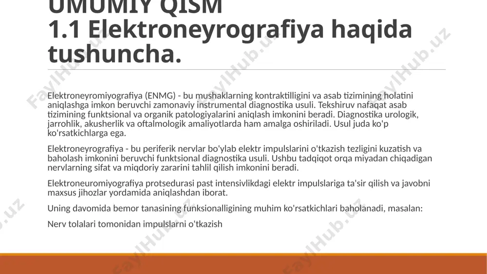 vonligi ham aniqlanadi. elektroneuromiyografiyani stimulyatsiya qilish quyidagi hollarda amalga oshiriladi: travma yoki kasallik natijasida periferik nervlarning shikastlanishi neyromuskulyar uzatish buzilishi (bemor mushaklarning umumiy zaifligi yoki harakatchanligining buzilishidan shikoyat qilganda) nervning shikastlanishi. ushbu patologiya bilan stimulyatsiyaga javob yo'q. elektroneyrografiya texnikasi elektronevrografiyani tayinlashdan bir necha kun oldin ogohlantiruvchi ichimliklar va mahsulotlar (choy, qahva, shokolad, kola, energiya kokteyllari) va asab tizimiga ta'sir qiluvchi dorilar (trankvilizatorlar, sedativlar, og'riq qoldiruvchi vositalar) dan voz kechish kerak. jarayon oldidan bemor tanadagi metall buyumlar va zargarlik buyumlaridan xalos bo'lishi kerak. bemor maxsus stulda yarim o'tirgan yoki yonboshlab o'tiradi. elektrodlar o'rganilayotgan asab va bu nerv tomonidan boshqariladigan mushak ustidagi sohada terining yuzasiga joylashtiriladi. signal berilganda, oqim asab orqali o'tib, mushak yoki tendonning qisqarishiga olib keladi. pulsning tezligi qayd etiladi. elektroneurografiya uchun ikki turdagi elektrodlar qo'llaniladi - ogohlantiruvchi (katod va anod) va ro'yxatga olish elektr sensorlari. 2.1-rasm. elektroneyrografning ishlash prinsipi 2.2 elektroneyrografiyaning asoratlari elektroneyrografiya har qanday nerv shikastlanishi yoki shikastlanishini …