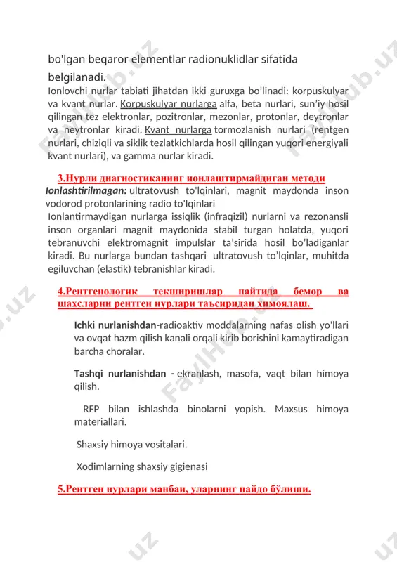 salardan o'tish qobiliyati. r-nurlarining kirib borishi bog'liq 7.рентген трубкаси тузилиши. rentgen trubkasi ikki tomoni biroz cho’zilgan vakumli shisha ballon bo’lib, uning ichiga ikkita elektrod: volfram spiral katod va disk shaklida anod, trubka ishlash davrida daqiqasiga 3000 marta tezlik bilan aylanadi. katodda kuchlanish 15 v ga etkaziladi, spiral isitiladi va atrofida aylanadigan elekronlarni chiqaradi va elektronlar bulutini hosil qiladi. keyin ikkala elektrodga (40dan 120 kv gacha) kuchlanish beriladi, zanjir yopiladi va elektronlar 30000 km/s gacha tezlikda anodga uchib, uni bombardimon qiladi. rentgen trubkani tuzulishi: 1 - katod; 2 - anod; 3 – shishali kolba; 4 —elektronlar oqimi; 5 —rentgen nurini dastasi 8. рентгеноконтраст моддалар классификацияси. sun'iy kontrastlash u organlar va to'qimalarning tasvirini bir xil darajada yutishini farqlash uchun ishlatiladi. kontrastlar: rentgenopozitiv, rentgenonegativ. rentgenpozitiv kontrastlar roentgen nurlarini kuchli yutadi va kuchli soyalarni beradi (suvda erimaydigan bariy sulfat). rentgennegativ kontrastlar rentgen-nurlarini yuitmaydi va soya bermaydi. gazlar: azot oksidi, karbonat angidrid, oddiy havo 9.рентгеноконтраст …