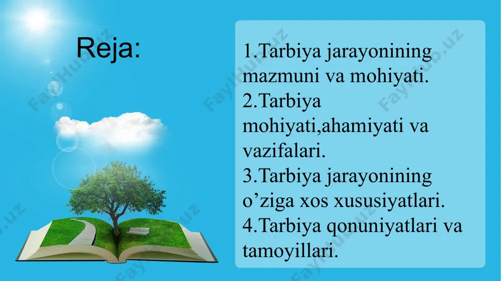 gallashi lozim bo‘lgan bilim, malaka, e’tiqod, shaxs sifati va xarakteri, xulq-atvori tizimi tushuniladi. tarbiya mazmuni- shaxsning shakllanishiga qo‘yiluvchi ijtimoiy talablar mohiyatidan iborat bo‘lib, ijtimoiy-iqtisodiy taraqqiyot, kishilik munosabatlari mohiyati va darajasi,jamiyat mafkurasi g‘oyalari asosida belgilanadi. tarbiyaning asosiy yo‘nalishlari aqliy tarbiya ahloqiy tarbiya mehnat tarbiyasi jismoniy tarbiya huquqiy tarbiya estetik tarbiya ekologik tarbiya iqtisodiy tarbiya tarbiyaning asosiy yo‘nalishlari! axloq,odob,xulq,yaxshilik, adolat, insof, diyonat, sharm, hayo, vatanparvarlik va boshqalar. bilim,ilm,malaka, ko‘nikma, aql, ong, fahm. faollik,ishchanlik, tadbirkorlik,ishbilarmonlik, aqliy ish, jismoniy, mehnat, foyda, maosh. chiniqish, sport, o‘yinlar, sog‘lom tana mashqlari. aqliy tarbiya axloqiy tarbiya mehnat tarbiya jismoniy tarbiya tarbiyaning asosiy yo‘nalishlari! tabiat, atrof-muhit, daraxtlar, qushlar, o‘rmonlar. kiyinish, tozalik,yurish-turish, saranjon-sarishtalik. tejamkorlik,bozor iqtisodiyoti, sarf, isrof, foyda, mulk,mulkka egalik. fuqaro tenglik, to‘g‘ rilik, halollik, jinoyat, jazo, huquq, burch. estetik tarbiya ekologik tarbiya iqtisodiy tarbiya huquqiy tarbiya ko‘p qirralilik. qarama-qarshiliklardan iboratlilik. yaxlit tizimlilik. aniq bir maqsadga yo‘naltirganlik uzoq muddatlilik. ikki tomonlama aloqadorlik. uzluksizligi tarbiya jarayonining o‘ziga xos xususiyatlari natijalarning oldindan …
