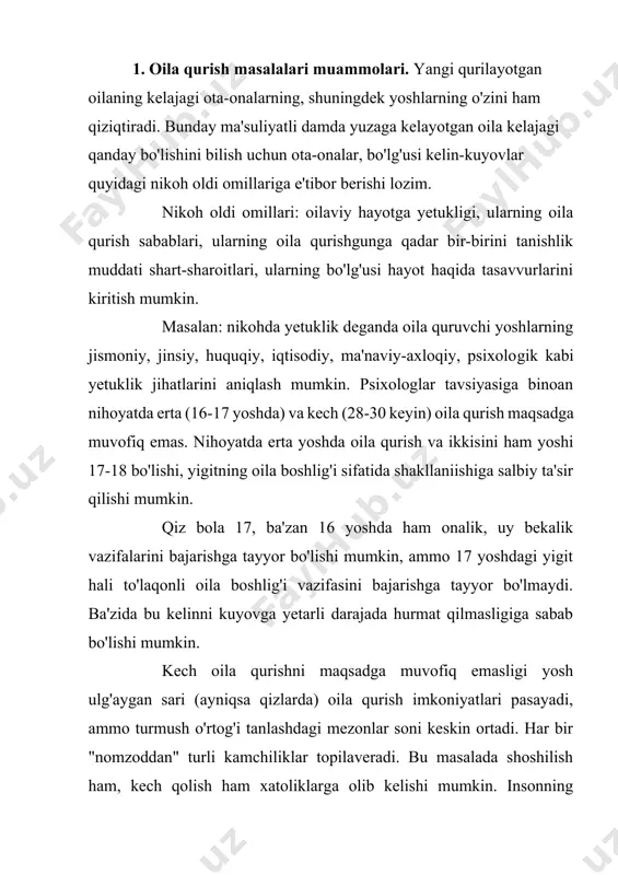 salbiy oqibatlari. yosh qizlarning ham erta (16-17 yoshda) turmushga chiqishi va ularning oilaviy hayotga tayyor emasligi turli salbiy holatlarga olib kelmoqda. birirnchidan, milliy udumga ko'ra, ko'pincha kelinlarning oiladagi mavqei past darajaga ega bo'ladi va ular ko'proq har xil oilaviy ishlarni bajaradilar. tabiiyki 16-17 yoshli qizning jismi hali bunday og'ir ishlarni bajarishga tayyor bo'lmaydi. ikkinchidan, qizlar bu yoshda ma'naviy jihatdan ham oila munosabatlariga tayyor bo'lmaydi. uchinchidan, yosh turmushga chiqqan kelinlarning shu yoshda homilador bo'lishi tos suyaklari kichkina bo'lganligi uchun xavflidir. respublikamizda qizlarning erta turmushga chiqishi aholining tez o'sishiga ta'sir qilibgina qolmay, halq xo'jaligining jadal rivojlanishiga ham salbiy ta'sir ko'rsatadi. chunki 18-25 yosh qizlarning bilim olishi, kasb egasi bo'lishi va mehnat qilish uchun qulay yosh hisoblanadi. to'rtirichidari, o'z qadri, huquqlari va o’zini-o'zi himoya qilish tushunchalarini anglab etgan, jinsiy va reproduktiv madaniyati to'la shakllanmagan yosh qizlarning biron kasb-hunar egallamasdan, bilim olmasdan, mutaxassislikka ega bo’lmasdan oila qurishi ularning qaynota, qay-nona va erlariga iqtisodiy jihatdan …