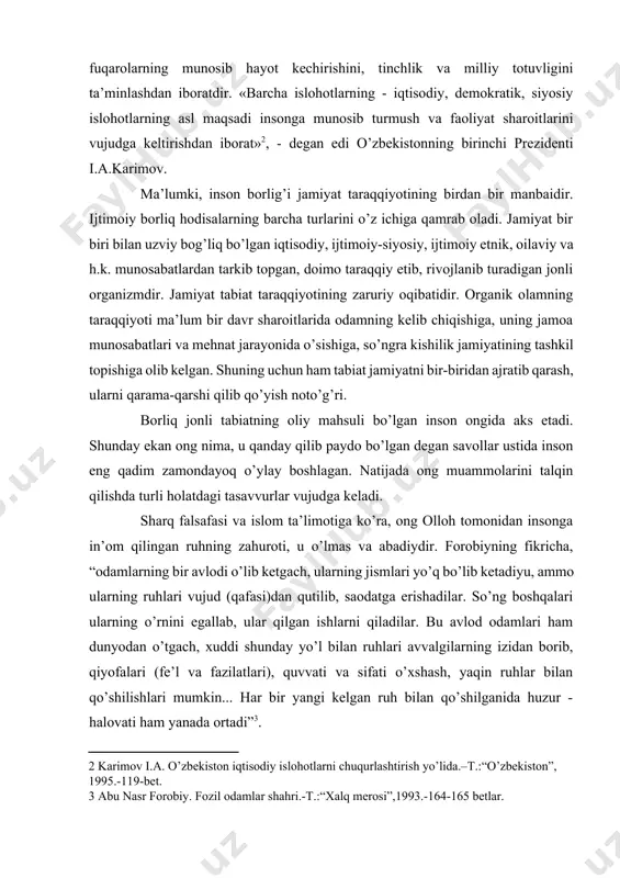 lodi o’lib ketgach, ularning jismlari yo’q bo’lib ketadiyu, ammo ularning ruhlari vujud (qafasi)dan qutilib, saodatga erishadilar. so’ng boshqalari ularning o’rnini egallab, ular qilgan ishlarni qiladilar. bu avlod odamlari ham dunyodan o’tgach, xuddi shunday yo’l bilan ruhlari avvalgilarning izidan borib, qiyofalari (fe’l va fazilatlari), quvvati va sifati o’xshash, yaqin ruhlar bilan qo’shilishlari mumkin... har bir yangi kelgan ruh bilan qo’shilganida huzur - halovati ham yanada ortadi”[footnoteref:3]. [3: abu nasr forobiy. fozil odamlar shahri.-t.:“xalq merosi”,1993.-164-165 betlar. ] nemis faylasufi gegelning fikricha, ong «mutlaq g’oya», tabiat va jamiyatdagi barcha hodisalarning asosini, zaminini tashkil etadigan hodisa. ingliz faylasufi berklining fikricha, inson faqat o’z “narsalar sezgilarini idrok etishga qodir, shunday ekan real narsa — bu ong, narsalar esa — kishi ongida, sezgi va tasavvuridagina mavjuddir”. xuddi shunday fikrni xix asr oxiri va xx asr boshlarida g’arbiy yevropa olimlari max va avenarius ham ilgari surganlar. ilmiy falsafa ta’limotiga muvofiq, ong jonli tabiatning (oliy shakli bo’lgan) inson …