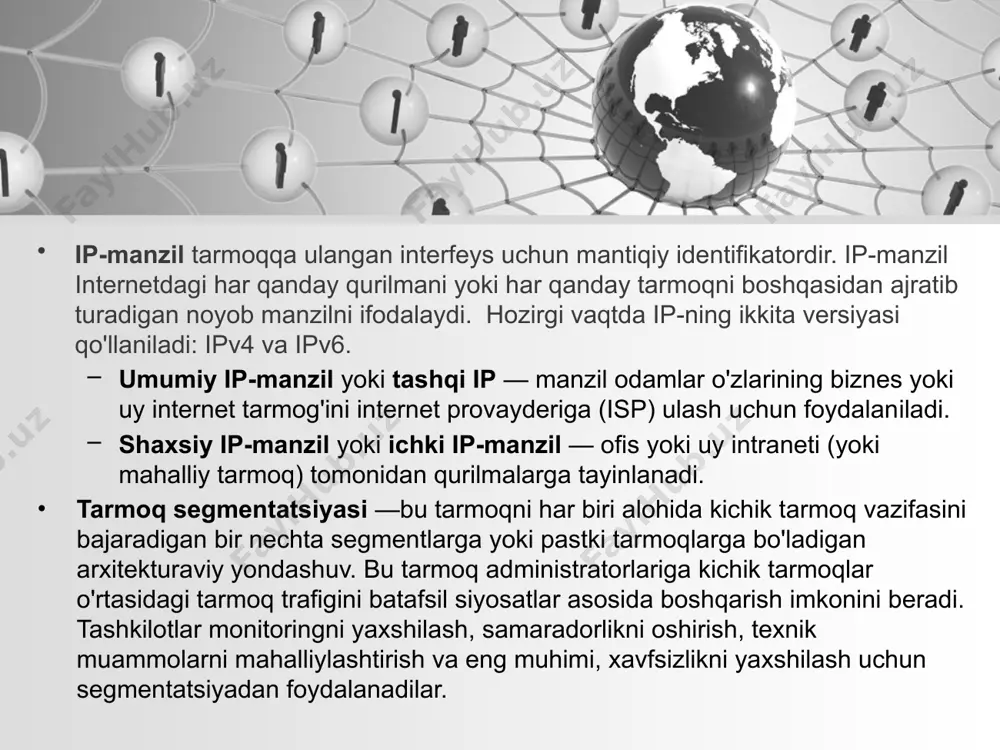 i u tarmoq ichidagi tizimlar miqdorini cheklaydi. 9 vlan vlan qurilmalarni mahalliy tarmoq (lan) ichida va alohida kommutatorlarda guruhlash usulini taqdim etadi. vlanlar lan bilan bir xil emas: virtual lanlar mantiqiy ulanishlarga, lan esa jismoniy ulanishlarga asoslangan. kommutatordagi alohida portlar ma'lum bir vlan-ga tayinlanishi mumkin. boshqa portlar kommutatorlarni jismoniy o'zaro ulash va switchlar o'rtasida bir nechta vlan trafikiga ruxsat berish uchun ishlatilishi mumkin. ushbu portlar magistral deb ataladi. vlan turli xil switchlari turli sonli vlan-larni qo'llab-quvvatlaydi. qo'llab-quvvatlanadigan vlanlar soni ko'pchilik tashkilotlarning ehtiyojlarini qondirish uchun yetarlicha katta. masalan, catalyst 2960 va 3560 series kalitlari 4000 dan ortiq vlan-ni qo'llab-quvvatlaydi. ushbu kalitlardagi standart diapazonli vlanlar 1 dan 1005 gacha va kengaytirilgan vlanlar 1006 dan 4094 gacha raqamlangan. 10 vlan parametrlarini yaratish switch# configure terminal switch(config)# vlan 10 switch(config-vlan)# name test switch(config-vlan)# state active switch(config-vlan)# no shutdown switch(config-vlan)# exit switch(config)# show vlan switch(config)# copy running-config startup-config portlarni vlan ga biriktirish switch# configure terminal …