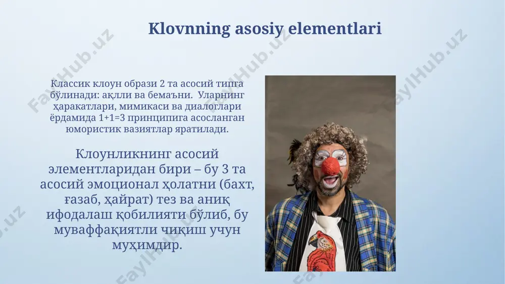 an avvalgi 3-asrga borib taqaladi. oʻrta asrlarda, xususan 12-16 asrlarda, klovnlarning professional guruhlari paydo boʻlib, ularning ijrolari komediya va akrobatik elementlarga boy boʻlgan va xalq orasida katta shuhrat qozongan. klovn va bolalar klovnlar bolalar bilan 3 yoshdan 12 yoshgacha bo'lgan yosh guruhlarida ishlashadi, bu yoshdagi bolalarning e'tiborini jalb qilish uchun turli xil uslub va texnikalarni qo'llashadi. ko'pgina klovnlarning repertuarida 5-7 tadan ortiq raqs, pantomima va ijrochilik san'ati elementlari mavjud bo'lib, bu ularning ijodiy salohiyatini ko'rsatadi. sahna harakatlari va raqslari klassik kloun raqsining davomiyligi odatda 1-3 daqiqadan oshmaydi, bunday qisqalik tomoshabinlarning diqqatini jalb qilish uchun muhimdir. kloun raqslarida 2-3 ta asosiy element: tezkor o'zgarishlar, asimmetriya va takrorlanuvchi, lekin har safar biroz o'zgarib turuvchi harakatlar qo'llaniladi. klovnning ijtimoiy roli ko'cha klounlarining ko'pgina chiqishlari bepul bo'lib, bu ularning ijtimoiy foydasini oshiradi va har xil ijtimoiy guruhlar uchun, masalan, kam ta'minlangan oilalar uchun, daromadlarining kamligini qoplashga yordam beradi. psixologiya sohasidagi tadqiqotlar ko'rsatishicha, klounlarning ijtimoiy …