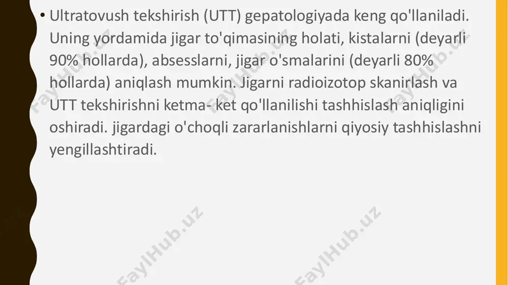 konturi tugunlashishi (notekisligi), exogenligi nogomogen oshishi – portal venulalar yaxshi ko'rinmasligi, izoexogen regeneratsiya tugunlari. jigar kichiklashishi bu faqat tsirrozga xos belgi. exogenligi boshida yog’li distrofiya, so'ng fibrotik o'zgarishlar tufayli oshadi. regeneratsiya tugunlari metastatik tugunlarga o'xshashi mumkin. angiografiya. 1) varikozlar embolizatsiyasi 2) angioarxitektonika va qon oqimi o'zgarishi 3) portokaval anastomozlar. jigar (oddiy) kistasi. rivojlangan mamlakatlarda uchrashi bo'yicha 2 o'rinda gemangiomadan so'ng, rivojlanmagan mamlakatlarda 3 o'rinda + exinokokkdan so'ng. uchrashi 2-7%, ko'proq keksa ayollarda. turlari: 1)ortirilgan (travma, yallig’lanish, parazitar kasallik, o'smadan so'ng 2) tug’ma. ko'p sonli bo'lishi mumkin. o'lchamlari 1-20 sm. sonografiya va kt ko'rinishi: yumaloq, chetlari aniq tekis, devori ko'rinmas, gipoexogen, gipotensiv (0+10n) gomogen tuzilma, +suyuklik-suyuklik gorizontal chegarasi, atrof to'qimalarda o'zgarish yo'q. distal ultratovush kuchayish simptomi, kt kontrast bilan – kontrast yig’maydi. gemangioma. jigar xavfsiz o'smalarini 75-80% tashkil qiladi, jigarga metastazlardan so'ng 2chi o'rinda uchraydi. ko'proq ayollarda (x5). ko'p sonli va boshqa a’zolarda birdaniga uchrashi mumkin. klinika: simptomsiz (50-70%), profuz qon …