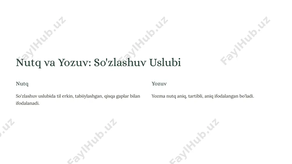 siyalar xulosalar so'zlashuv uslubi erkin, tabiiy va ekspressiv, publitsistik uslub esa rasmiy, aniq va ta'sirli ifodalanadi. tavsiyalar har bir uslubning o'ziga xos xususiyatlarini yaxshi o'zlashtirib, samarali va mazmunli nutq namunalari yaratish lozim. 10 image1.png image2.png image3.png image4.png image5.png image6.png