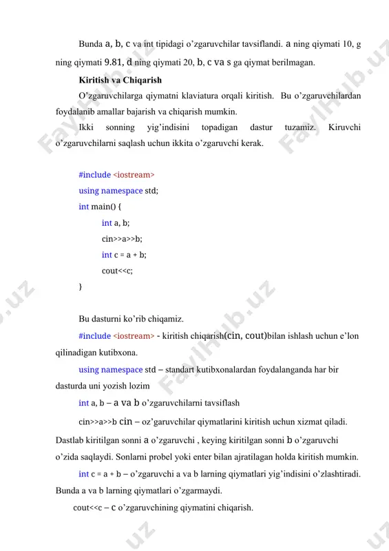 qda. s – satr kutilmoqda. f - float turidagi son kutilmoqda. kiritilayotgan sonning butun raqamlari va nuqtadan so’ng kasr raqamlari soni va e yoki e belgisidan so’ng mantissa raqamlari soni ko’rsatilishi mumkin. #include int main(void) { unsigned width, precision; int number = 256; double weight = 242.5; printf("what field width?\n"); scanf("%d", &width); printf("the number is :%*d:\n", width, number); printf("now enter a width and a precision:\n"); scanf("%d %d", &width, &precision); printf("weight = %*.*f\n", width, precision, weight); printf("done!\n"); return 0; } barcha amallar yuqoridan pastga, bir qatorda chapdan o’ngga bajarilib keladi. c++ da matematik funksiyalar. matemetik funksiyalardan foydalanish uchun cmath jutibxonasini e’lon qilish lozim. funksiya tavsifi misol abs( a ) fabs(a) a ning moduli a haqiyqiy son moduli abs(-3)= 3 abs(5)= 5 sqrt(a) a ning kvadrat ildizi sqrt(9)=3.0 pow(a, b) а ni b darajaga ko’tarish pow(2,3)=8 ceil( a ) а ni o’zidan kichik bo’lmagan eng kichik butun songa yaxlitlash ceil(2.3)=3.0 ceil(-2.3)=-2.0 floor(a) …