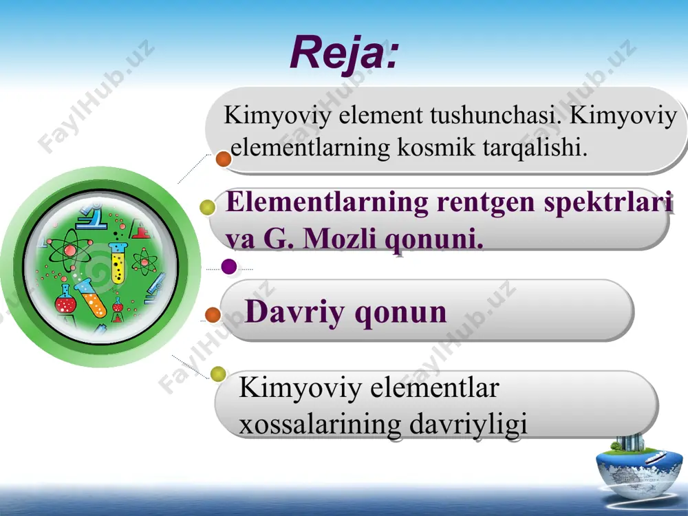 u o‘sha zamonda ma’lum bo‘lgan barcha elementlarni ularning atom massalari ortib borishi tartibida bir qatorga qo‘yganida elementlarning xossalari 7 ta, 17 ta va 31 ta elementdan keyin keladigan elementlarga qaytarilishini, ya’ni davriylik borligini ko‘rdi. d. i. mendeleyev o‘zi kashf etgan davriy qonunni quyidagicha ta’rifladi: oddiy moddalarning (elementlarning) xossalari, shuningdek, elementlar birikmalarining shakl va xossalari elementlarning atom massalariga davriy ravishda bog‘liq bo‘ladi. d.i.mendeleyev davriy qonunni kashf etishda elementlarning atom massa qiymatlariga, fizik va kimyoviy xossalariga e’tibor berdi. d.i.mendeleyev davriy sistemaning birinchi variantini 1869 yilda tuzdi. bu sistemada 63 ta element bo‘lib, ular 19 ta gorizontal va 6 ta vertikal qatorga joylashtirilgan edi. bu variantda o‘xshash elementlar gorizontal qatorlarga joylashgan bo‘lib, 4 ta element uchun bo‘sh joy qoldirilgan edi. d. i. mendeleyev ularning mavjudligini, atom massalarini va xossalarini oldindan aytib berdi. bu variant uzun davrli variant hisoblanadi. 1871 yilda d. i. mendeleyev yaratgan davriy sistemaning ikkinchi varianti e’lon qilindi. bu variantda o‘zaro …