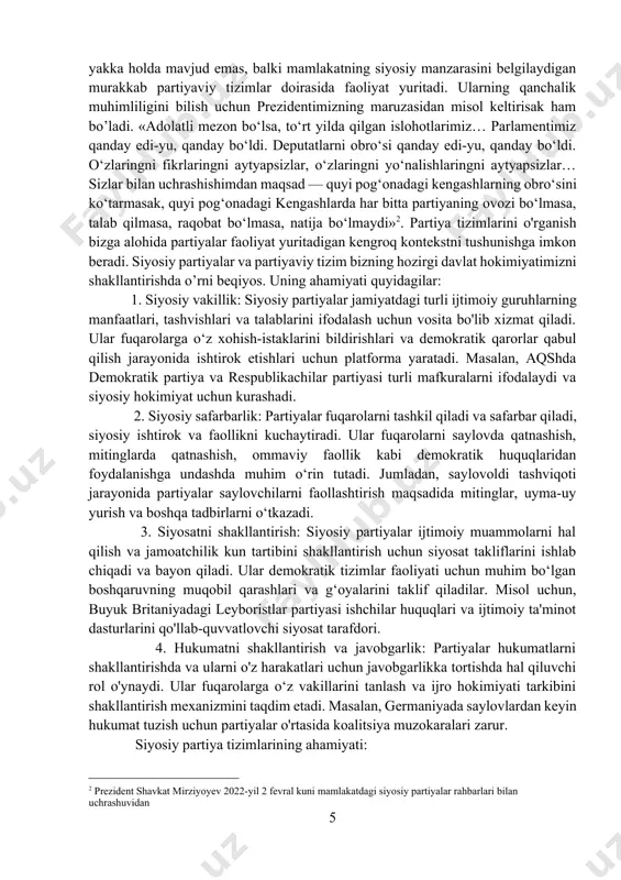 dan foydalanishga undashda muhim o‘rin tutadi. jumladan, saylovoldi tashviqoti jarayonida partiyalar saylovchilarni faollashtirish maqsadida mitinglar, uyma-uy yurish va boshqa tadbirlarni o‘tkazadi. 3. siyosatni shakllantirish: siyosiy partiyalar ijtimoiy muammolarni hal qilish va jamoatchilik kun tartibini shakllantirish uchun siyosat takliflarini ishlab chiqadi va bayon qiladi. ular demokratik tizimlar faoliyati uchun muhim bo‘lgan boshqaruvning muqobil qarashlari va g‘oyalarini taklif qiladilar. misol uchun, buyuk britaniyadagi leyboristlar partiyasi ishchilar huquqlari va ijtimoiy ta'minot dasturlarini qo'llab-quvvatlovchi siyosat tarafdori. 4. hukumatni shakllantirish va javobgarlik: partiyalar hukumatlarni shakllantirishda va ularni o'z harakatlari uchun javobgarlikka tortishda hal qiluvchi rol o'ynaydi. ular fuqarolarga o‘z vakillarini tanlash va ijro hokimiyati tarkibini shakllantirish mexanizmini taqdim etadi. masalan, germaniyada saylovlardan keyin hukumat tuzish uchun partiyalar o'rtasida koalitsiya muzokaralari zarur. siyosiy partiya tizimlarining ahamiyati: 1. barqaror boshqaruv: partiya tizimlari barqaror boshqaruv uchun asos yaratadi, hokimiyatning tinch yo‘l bilan o‘tishini ta’minlaydi. siyosiy raqobat qoidalari va normalarini belgilab, partiyaviy tizimlar siyosiy barqarorlik va davomiylikka hissa qo‘shadi. …