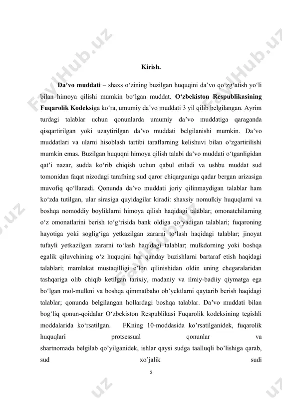 o‘rtasida munosabatlarda esa xo‘jalik hisobini mustahkamlashda, korxonalaming normal ishlashida, topshiriqlami o‘z vaqtida bajarishda, muhimi, shartnoma intizomiga amal qilishda katta rol o‘ynaydi. huquqni himoya qilish va uni amalga oshirishda vaqtning ahamiyati shundan iboratki, u faktik holatlarni keltirib chiqaradi, faktlarni huquqga (talab qilish huquqiga) aylantiradi, huquqni vujudga keltiradi, o‘zgartiradi hamda bekor qiladi. vaqt shaxslarga huquq beradi, ba’zilaridan esa huquqni olib qo‘yadi yoki huquqning harakatini to‘xtatadi. da’vo muddati deb shaxs o‘zining buzilgan huquqini da’vo qo‘zg‘atish yo‘li bilan himoya qilishi mumkin bo’lmaydigan muddatga aytiladi. har qanday fuqarolik da’vosining ikki tomoni bor: birinchidan, moddiy-huquqiy tomoni bunda, avvalo, da’vogarning javobgarga nisbatan muayyan nizoli moddiy-huquqiy talabi bo‘lishi, masalan, biron-bir ashyoning topshirilishi, pul to‘lanishi, xizmat ko‘rsatilishi, zararning qoplanishi xususida talab qilinadi; ikkinchidan, protsessual huquqiy tomoni — bunda taraflar o‘rtasida kelib chiqqan nizoning mazmunan hal qilinishi va buzilgan yoki nizoli huquqning qo‘riqlanishi to‘g‘risida sudga iltimos bilan murojaat qilinadi. fkning 10-moddasida ko‘rsatilganidek, fuqarolik huquqlari protsessual qonunlar va shartnomada belgilab qo‘yilganidek, …