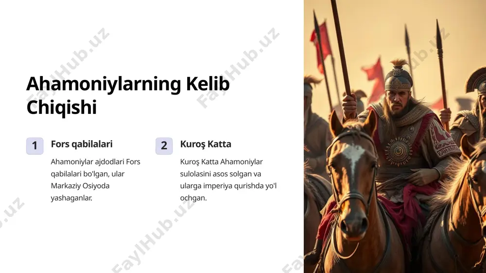 staqillik uchun qo'zg'olonlari ahamoniylar davlatini zaiflashtirdi. ichki nizolar taxtni egallash uchun bo'lgan ichki g'alabalar ham ahamoniylarni sustlashtirdi. 7 ahamoniylar davlati merosi 20 mahorlik 2500 yillar 10m hududlar 50c shaharsozlik ahamoniylar davlati qadimgi dunyoning eng qudratli imperiyalaridan biri bo'lgan. uning me'moriy, hunarmandchilik, boshqaruv va harbiy yutuqlari bugungi kunda ham o'rganiladigan va qadrlanadig an meroslarga aylangan. 8 image1.png image2.png image3.png image4.png image5.png image6.png image7.png image8.png image9.png