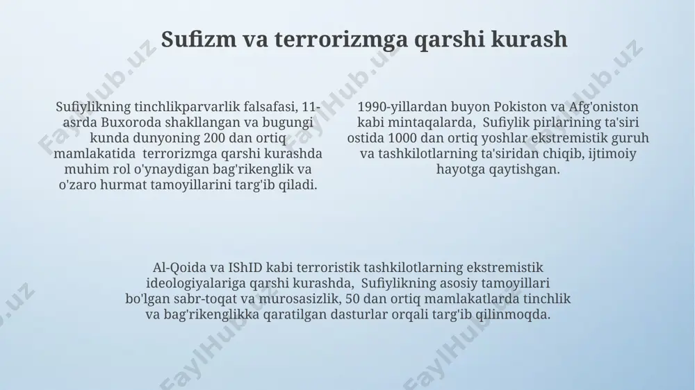 tun kabi shaxslar tasavvufning genderga nisbatan liberal yondashuvini namoyon etganlar, 70 dan ortiq she'rlari bilan tanilgan. tasavvuf tarixida, ayniqsa, 18-19-asrlarga kelib, ayollikka oid tasavvuf falsafasi va amaliyoti atrofida 20 dan ortiq tarixiy maktab va silsila vujudga kelgan, ularda ayollar muhim rol o'ynagan. islomning asosiy mazhablari va sufizm sufizmning ba'zi tarmoqlari, masalan, naqshbandiyya tariqati, markaziy osiyo, jumladan, samarqand va buxoro kabi shaharlarda 14-asrda kuchli ta'sirga ega bo'lib, minglab izdoshlarini jalb qilgan. sufizmning islomning asosiy mazhablari bilan munosabati murakkabdir; ba'zi ulamolar sufizmni islomning bir qismi deb bilgan bo'lsalar, boshqalari esa undan ehtiyot bo'lishga chaqirgan. bu munosabat 15-asr dan keyin turli mintaqalarda turlicha shakllangan. islomning to'rtta asosiy mazhabi – hanafiy, malikiy, shafoiy va hanbaliylar – sufizm ta'limotidan farqli ravishda, fiqh qoidalariga va huquqiy masalalarga ko'proq e'tibor qaratadi. 10-asrda buxoroda keng tarqalgan hanafiy mazhabi, sufizmning rivojiga katta ta'sir ko'rsatdi. zamonaviy dunyoda sufizmning roli sufizmning inson huquqlari va ijtimoiy adolatga oid 20 dan ortiq xalqaro …