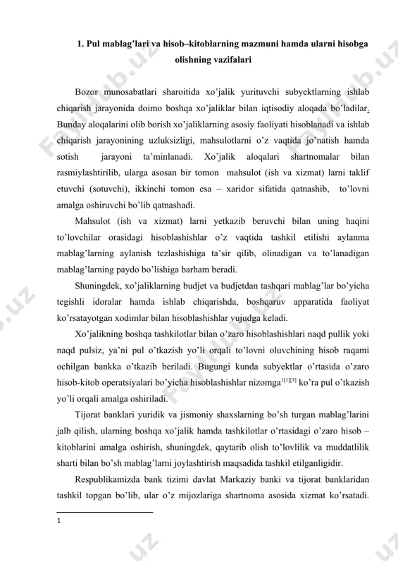 , ularning boshqa xo’jalik hamda tashkilotlar o’rtasidagi o’zaro hisob – kitoblarini amalga oshirish, shuningdek, qaytarib olish to’lovlilik va muddatlilik sharti bilan bo’sh mablag’larni joylashtirish maqsadida tashkil etilganligidir. respublikamizda bank tizimi davlat markaziy banki va tijorat banklaridan tashkil topgan bo’lib, ular o’z mijozlariga shartnoma asosida xizmat ko’rsatadi. mijozlar bank xizmatlaridan foydalanishda mustaqil ravishda o’zlari tanlagan bir yoki bir nechta banklarda hisob-kitob-pul bilan bog’liq operatsiyalari amalga oshiradi. [2][4] shu bilan birga ishlab chiqarish faoliyati kengaytirish maqsadida bankning kredit resurslaridan foydalanishlarilari va maqsadli kredit munosabatlari yuzasidan kredit shartnomalarini rasmiylashtirishlari mumkin. korxonalar banklarda hisob–kitob va valuta schyotlaridan tashqari, maxsus joriy schyotlari (limitlashtirilgan chek daftarchalari, akkreditivlar, maxsus schyotlar va b.) dan ham foydalanishlari mumkin. хo’jalik yurituvchi subyektlarning pul mablag’lar hisobi buxgalteriya hisobi schyotlar rejasining beshinchi bo’limi, majburiyatlari bo’yicha hisob–kitoblar esa oltinchi va yettinchi bo’limida tayinlangan schyotlarda yuritiladi. хo’jaliklarda mavjud pul mablag’laridan maqsadli foydalanish va ularni samarali boshqarish, shuningdek, olinadigan mablag’lar va majburiyatlarni o’z vaqtida so’ndirish …
