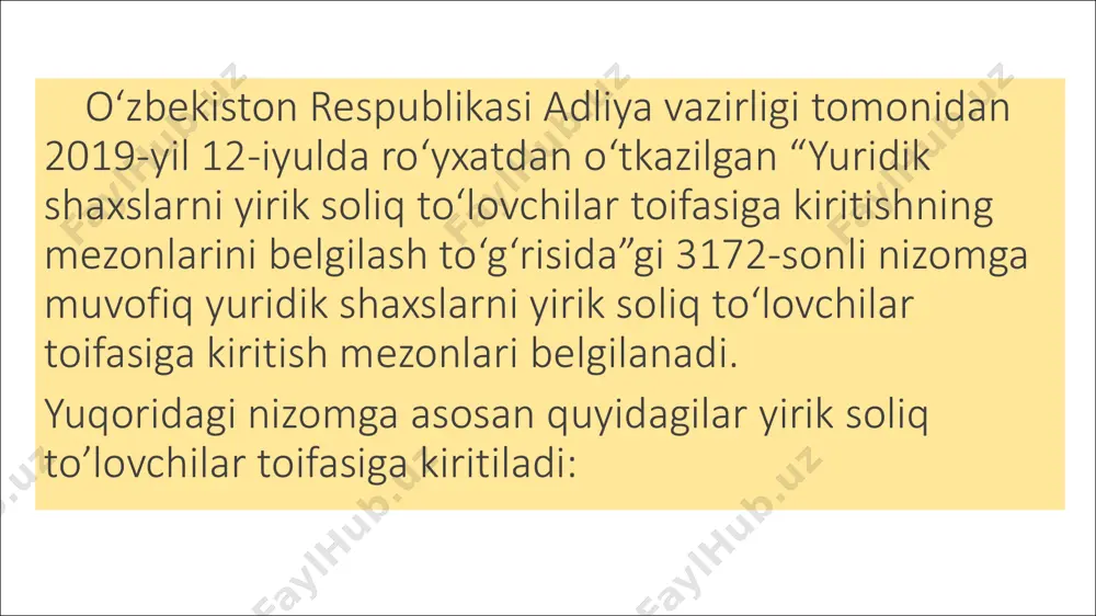 рининг қонуний фаолиятига тўсқинлик қилмаслиги; агар ушбу кодексда бошқача қоида назарда тутилмаган бўлса, солиқ ҳисоботларининг ва солиқларни ҳисоблаб чиқариш ҳамда тўлаш учун зарур бўлган бошқа ҳужжатларнинг тегишли и тўсолиқларнлаш учун белгиланган календарь йилдан кейинги беш йил мобайнида бут сақланишини таъминлаши; ўзи солиқ бўйича ҳисобга олинган жойдаги солиқ органларини ўзбекистон республикаси юридик шахсларидаги ва чет эл юридик шахсларидаги иштироки тўғрисида, агар устав фондидаги (устав капиталидаги) улуши 10 фоиздан ортиқ бўлса, хабардор этиши шарт. soliq to‘lovchilarning majburiyatlari soliq to’lovchilarning majburiyatlari soliq to’lovchilar: ø o’z soliq majburiyatlarini o’z vaqtida va to’liq hajmda bajarishi; ø qonun hujjatlariga muvofiq buxgalteriya hisobini yuritishi, moliyaviy va soliq hisobotini tuzishi; ø davlat soliq xizmati organlariga va boshqa vakolatli organlarga imtiyozlar olish huquqini tasdiqlovchi hujjatlarni taqdim etishi; øsoliq tekshiruvlari o’tkazilayotgan vaqtda davlat soliq xizmati organlariga soliqlar va boshqa majburiy to’lovlarni hisoblab chiqarish, to’lash bilan bog’liq hujjatlar hamda ma’lumotlarni taqdim etishi; ødavlat soliq xizmati organlarining va boshqa vakolatli organlarning hamda …