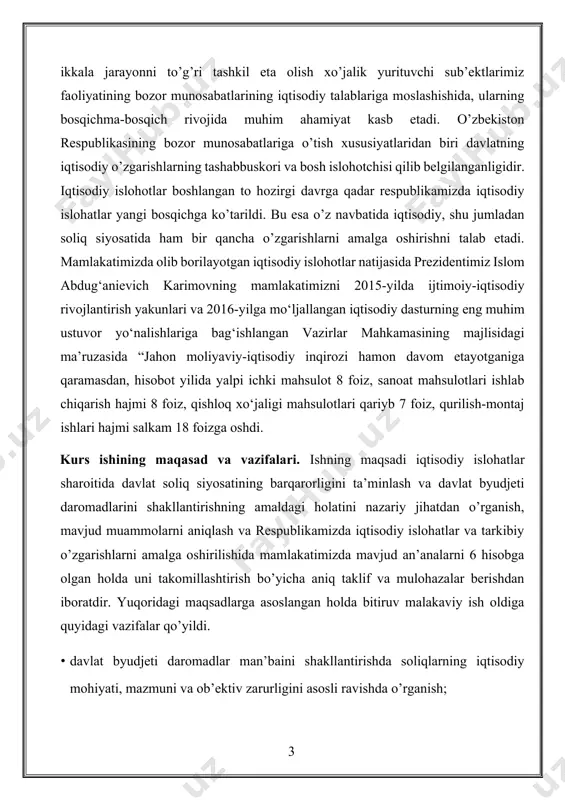 tirish hisoblanadi. bunday barqarorlashtirishga monetar siyosat bilan birga byudjet-soliq siyosati orqali ham erishiladi. byudjet-soliq siyosati deganda noinflyatsion yaim ishlab chiqarish sharoitida iqtisodiyotda to`liq bandlilikni, to`lov balansining muvozanatini va iqtisodiy o`sishni ta`minlashga qaratilgan davlat xarajatlari va soliqlarini o`zgartirishni o`z ichiga olgan chora tadbirlar tushuniladi. iqtisodiyot turg`unlik yoki pasayish davrida bo`lgan vaziyatlarda davlat tomonidan rag`batlantuvchi byudjet-soliq siyosat - fiskal ekspansiya olib boriladi. ya`ni, davlat qisqa muddatda iqsodiyotning pasayishi muammosini davlat xarajatlarini oshirish yoki soliqlarni kamaytirish, yohud ikkalasini bir vaqtning o`zida olib borish evaziga hal etadi. uzoq muddatda davlat xarajatlarining yuqori bo`lishi va soliqlarni kamaytirish ishlab chiqarish omillarining o`sishiga va natijada, iqtisodiy salohiyatning ko`tarilishiga olib kelishi mumkin. ammo, bunga markaziy bank tomonidan olib boriladigan pul-kredit siyosatidan samarali foydalanish va davlat xarajatlari tarkibini maqbul holatga olib kelish orqaligina erishish mumkin. iqtisodiyotda to`liq bandlik va ortiqcha talab natijasida inflyatsiya kelib chiqishi mumkin bo`lgan vaziyatlarda cheklovchi byudjet-soliq siyosat- fiskal restriktsiya olib boriladi. cheklovchi byudjetsoliq siyosat davlat …