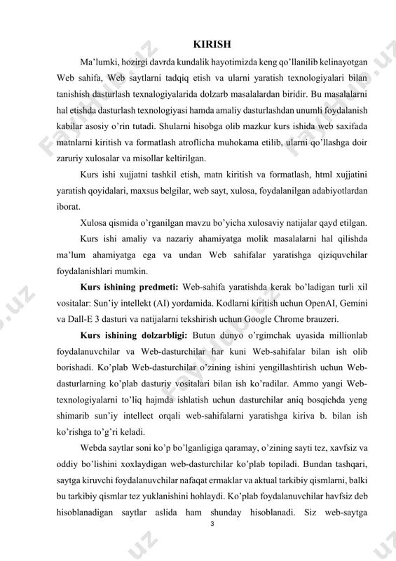 ddiy bo’lishini xoxlaydigan web-dasturchilar ko’plab topiladi. bundan tashqari, saytga kiruvchi foydalanuvchilar nafaqat ermaklar va aktual tarkibiy qismlarni, balki bu tarkibiy qismlar tez yuklanishini hohlaydi. ko’plab foydalanuvchilar havfsiz deb hisoblanadigan saytlar aslida ham shunday hisoblanadi. siz web-saytga joylashtirgan tarkibiy qismlarga bog’liq bo’lmagan holda foydalanuvchilar sifat, tezlik va havfsizlikni kutishadi. kurs ishining vazifasi quyidagilardan iborat: - o'quvchilarda web-sahifa yaratish bo‘yicha nazariy va amaliy bilim ko'nikmasini paydo qilish; - o'quvchilarning web-sayt yaratishda kerak bo’ladigan vositalar va ularning ishlatilishini o‘zlashtirishiga erishish; - web-sahifaning tuzilishini hamda har xil saytlar tayyorlash; - web dasturlochining o‘rni va hozirgi zamon holatini bilish; - web-sahifa yaratishda kerak bo’ladigan texnikaviy vositalar va zamonaviy programmalardan foydalanishni bilish. ushbu dissertatsiya ishi o’quvchilarga sun’iy intellektdan foydalanib, ular asosida web-sahifa yaratishni o’rgatadi va ularni web-dasturlovchi qilib tayyorlaydi. kurs ishining tuzilishi: kurs ishi ikkita bob oltita paragraph, xulosa, foydalanilgan adabiyotlar ro’yxatidan iborat. 1-bob. sun’iy intellect (ai) ta’rifi va uning zamonaviy texnalogiyadagi ahamiyati. 1.1 sun’iy intellektning …