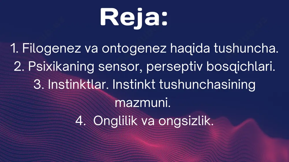 at qiladi hayvonlarda aks ettirishning yangi turi – sezuvchanlik yuzaga keladi. sezuvchanlik qobiliyati tufayli, hayvonlar, o‘simliklarga nisbatan ancha ko‘p ta’sirotlarni aks ettirish imkoniyatiga ega bo‘ladi. hayvon nerv tizimi va miyasi qanchalik yuksak darajada taraqqiy etgan bo‘lsa, uning psixikasi ham shunchalik yuqori bosqichga ko‘tarilgan bo‘ladi. instinktlar hayvoning tabiiy ehtiyojlarini qondirish uchun qiladigan murakkab tug’ma harakatlaridir. instinktiv xatti-harakat – bu bir tur hayvonlarda bir xil yo‘nalishda takrorlanuvchi xulq-atvor shaklidir. instinktiv xatti-harakatlar biologik tuzilishga ega bo‘lib, muayyan turdagi hayvonlarning yashab qolishi uchun zamin xozirlaydi. biroq, hayvonlarning xulq- atvorini faqatgina genlar bilan bog‘lash to‘g‘ri emas, chunki ular hayot davomida o‘zgarib borishi ham mumkin. ong obektiv borliqni aks ettirishning yuksak faqat insonga xos bo’lgan shaklidir. ong, uning mohiyati masalasi eng qadimgi muammolardan biri. ongni dastlab diniy va mifologik qarashlar doirasida tushuntirishga uringanlar. ongni diniy tushuntirish uni iloxiy hodisa, xudo yaratgan mo‘jiza tarzida talqin qilishga asoslanadi. bunday qarashlarning ildizi juda qadimgi boʻlsada, ular hamon oʻzining koʻplab …