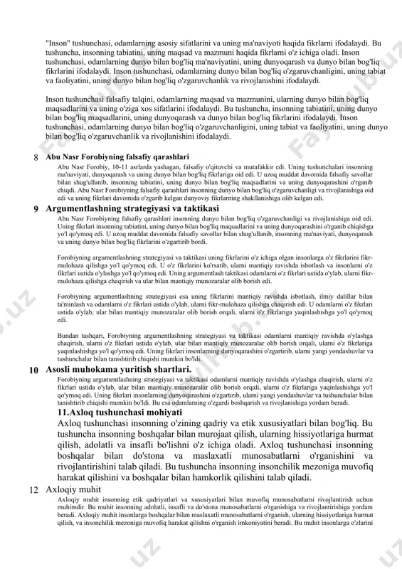 arini, huquq-huquqiy munosabatlarini, ijtimoiy tadbirlar va boshqa jamiyaviy jarayonlarni tartibga solish uchun qo'llaniladigan tizim va tartibni ifodalovchi tushunchadir. jamiyatning vazifalari esa odamlar o'rtasidagi munosabatlarni tartibga solish, huquq-huquqiy munosabatlarni himoya qilish, ijtimoiy tadbirlarni amalga oshirish, ijtimoiy iqtisodiy hayotni rivojlantirish, inson huquqlarini himoya qilish va boshqa jamiyaviy masalalar bilan shug'ullanadi. jamiyatning vazifalari odamlar hayotini rivojlantirish va ularning barpo etishlarini ta'minlashga qaratilgan. 4 “madaniyat” tushunchasi, uning mohiyati va vazifalari madaniyat tushunchasi bir jamiyatning ma'naviy, madaniy, san'at, ilm-fan, ta'lim-tarbiya, adabiyot va boshqa madaniyat turlariga oid qadriyatlar, qadriyatli tajribalar va ma'naviy-ma'rifiy boyliklar barchasini o'z ichiga oladi. madaniyat jamiyatning ruhiy, ma'naviy, ijtimoiy, siyosiy va iqtisodiy hayotining asosiy tuzilishi, uning qadriyatlari va qadriyatli boyliklari orqali odamlarning insoniyatga oid ma'nviy-axloqiy, estetik-estetik va boshqa ma'naviy-ma'rifiy xususiyatlarini shakllantiradi. madaniyatning vazifalari esa jamiyatning ma'naviy-ma'rifiy boyliklarini saqlash, o'zaro munosabatlarni rivojlantirish, insonlarda adolat, insaf, hurmat, mehribonlik, mehnatparvarlik, ijodkorlik, fikr va ma'rifiy erkinlik ruhini shakllantirish, ijtimoiy va siyosiy hayotda demokratik tizimni amalga oshirish, ijtimoiy-iqtisodiy …