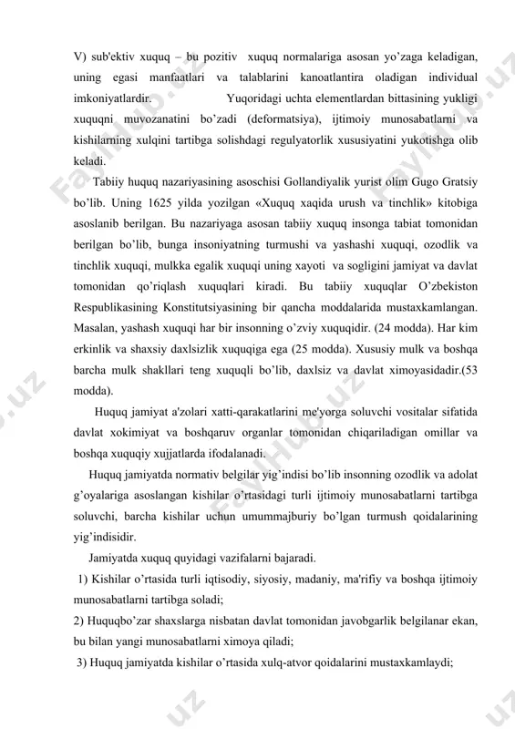 lar ongida ta'minlash usullari (uslub, yo’li) davlat tomonidan ta'minlanadi. jamiyatning ta'sir kuchi bilan qo’llab-quvvatlanadi. ta'sir etish xarakteriga ko’ra tartibga solish mexanizmi orqali bevosita ong orqali xarakat etish doirasi davlat nazorati ostida bo’lgan munosabatlar davlat nazoratida bo’lmagan munosabatlar huquq normalari yuridik hamda qonunchilik amaliyotida yoki davlat va jamiyat tegishli institutlarinining amal qilish jarayonida yo’zaga keladi. axloq normalari esa jamiyatning ma'naviy doirasida shakllanadi, jamiyatning tuzilishi (struktura)si va tashkilotlari bilan bog’liq bo’lmasdan, uni ijtimoiy ongidan ajratib bo’lmaydi. huquq normalari xujjatlar ko’rinishida (akt normalari, normativ aktlar, sud karorlari, normativ shartnoma va b.) va kattik mustaxkamlangan bo’ladi. axloq normalari jamiyatchilik ongida mustaxkamlangan bo’lib, printsip, tushunchalar, goyalar, baxolar va x.k.lar ko’rinishida amal qiladi. axloq (ma'naviyat) – ijtimoiy normalarning turi bo’lib, jamiyat xayotini barcha tomonlarini hamrab oladi va tegishli baxo beradi. xuquq normalari (yoki xuquq) bilan tartibga solingan bir qator ijtimoiy munosabatlar axloq tomonidan ham tartibga solinadi. ijtimoiy munosabatlarni tartibga solish doirasi yo’zasidan xuquq va axloq o’rtasida …