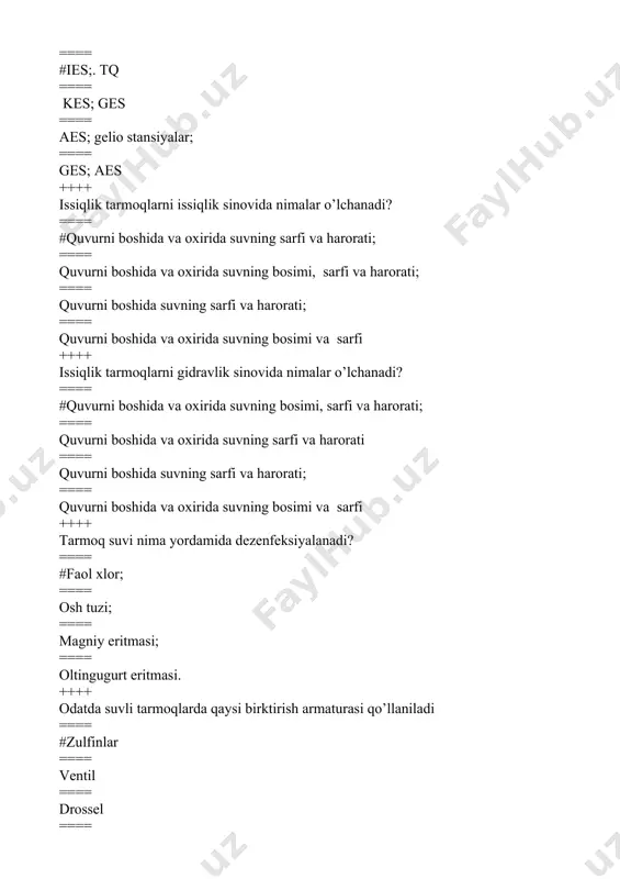 === issiqlik tarmog’iga ulangan yuklamaning 10 % gkal/soatiga to’g’ri kelgan xodimlar soniga aytiladi ++++ keng qo’llaniladigan ichki isitish tizimlar -… ==== #п –simon tik quvurli tizimlar ==== p –simon tik quvurli tizimlar ==== п –simon gorizontal quvurli tizimlar ==== tik quvurli tizimlar. ++++ bug’ bilan isitish tizimlarida bug’ning harorati … oshmasligi kerak ==== #130ºc ==== 155ºc ==== 180ºc ==== 190ºc. ++++ havo bilan isitish tizimlarida havoning harorati … ==== #60ºc ==== 55ºc ==== 80ºc ==== 90ºc ++++ havo qizdiruvchi qurilma… ==== #kalorifer ==== ventilyator ==== issiqlik almashinuv apparati ==== ekonamayzr ++++ noan’aviy isitish manbalar… ==== #quyosh, geotermal suvlar ==== quyosh, suyuq yoqig’i, suvlari ==== quyosh, mazut ==== quyosh, shamol. ++++ quyosh isitish tizimlari radiatsiyadan foydalanishi bo’yicha qanday turlarga bo’linadi… ==== #passiv va aktiv ==== kollektorli va kollektorsiz ==== radiatsiyalangan va radiatsiya tushmaydigan ==== passiv va aktiv va zonali. ++++ bino ichidagi havo harorati quyidagiga bog’liq bo’ladi ==== #isitiladigan binoning vazifasiga; …