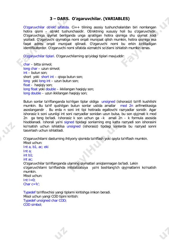 ki ostki chizish belgisidan boshlanishi lozim. misol uchun: a1, _max, adress_01, rim, rim katta va kichik xarflar farklanadi, shuning uchun ohirgi ikki identifikator bir biridan farq qiladi. borland kompilyatorlaridan foydalanilganda nomning birinchi 32 xarfi ,ba’zi kompilyatorlarda 8 ta xarfi inobatga olinadi. bu holda number_of_test va number_of_room identifikatorlari bir biridan farq qilmaydi. xizmatchi so’zlar. tilda ishlatiluvchi ya’ni dasturchi tomonidan uzgaruvchilar nomlari sifatida ishlatish mumkin bulmagan identifikatorlar xizmatchi so’zlar deyiladi. c ++ tilida quyidagi xizmachi so’zlar mavjud: int extern else char register for float typedef do double static while struct goto switch union return case long sizeof default short break entry unsigned continue auto if 3 – dars. o’zgaruvchilar. (variables) o’zgaruvchilar ob’ekt sifatida. ci++ tilining asosiy tushunchalaridan biri nomlangan hotira qismi – ob’ekt tushunchasidir. ob’ektning xususiy holi bu o’zgaruvchidir. o’zgaruvchiga qiymat berilganda unga ajratilgan hotira qismiga shu qiymat kodi yoziladi. o’zgaruvchi qiymatiga nomi orqali murojaat qilish mumkin, hotira qismiga esa faqat adresi …