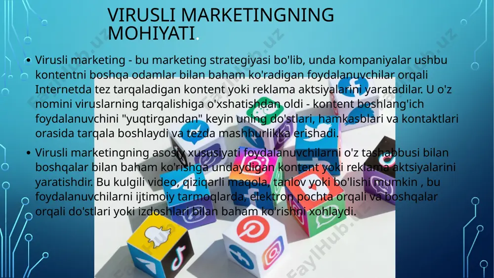 qolarli kontent yaratish kulgili va yodda qoladigan kontent: virusli marketingning eng muhim jihati – odamlarni tabassumga, hayratga solishga yoki ularga emotsional ta'sir ko'rsatishga undovchi kontent yaratishdir. odamlar ko'pincha kulgili, ajoyib yoki noodatiy kontentni o'z do'stlariga va oilalariga tarqatadilar. emotsional qo‘zg‘atish: foydalanuvchilarga o'z his-tuyg‘ularini uyg‘otadigan kontent (masalan, ilhomlantiruvchi, hayajonli yoki qalbni iliqlashtiruvchi hikoyalar) ular tomonidan tarqatishga tayyor bo‘ladi. 2. mukofotlash va rag'batlantirish mukofotli tanlovlar va aksiyalar: foydalanuvchilarni reklama yoki kontentni tarqatish uchun mukofotlar yoki chegirmalar taklif qilish. masalan, “do'stlaringizni taklif qiling va sovg'a yutib oling” kabi aksiyalar foydalanuvchilarni boshqalarni jalb qilishga undaydi. referal dasturlar: odamlarni o'z tarmog‘idagi do'stlari va oila a'zolariga mahsulotni tavsiya qilishga rag'batlantirish. 3. eng yaxshi kontentni targ'ib qilish maqolalar, bloglar va videolar: odamlar tomonidan bo'lishishga arziydigan foydali yoki qiziqarli ma'lumotlarni taqdim etish. bu foydalanuvchilarni ushbu kontentni o'z auditoriyasiga ko'rsatishga undaydi. infografikalar: qisqa va lo'nda tarzda taqdim etilgan, oson o'qilishi mumkin bo'lgan infografikalar yaratish. bu vizual materiallar ko'proq baham …