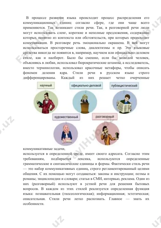 стиль литературы (романов и повестей, поэтических произведений, драматургии). он отличается эмоциональностью и выразительностью. главная задача — создать художественный образ, вызвать эстетическое переживание. поэтому в художественном стиле используется как общепринятая лексика (зафиксированная в словарях), так и маркированная (варваризмы, диалектизмы, жаргонизмы и арго, сленг). здесь встречается и научный термин, и разговорные формы речи. публицистический стиль — стиль общественной информационной системы — сми. главная задача языковых средств, которые используются в этом стиле, — проинформировать о каком-то событии, воздействовать на сознание читателя или слушателя, формировать общественное мнение, побуждать человека и общество к действиям. средства, которые использует публицистика, отличаются синтетичностью: для реализации определенных задач и в зависимости от жанра журналисты могут оперировать научными терминами и художественными метафорами, канцелярскими штампами и разговорными формами. научный стиль — стиль учебников, монографий, научных статей. его средства отличаются рационализмом, логикой, четкостью, строгостью и регламентированностью значений. в научном стиле преобладают термины. официально-деловой стиль — стиль бюрократии: законодательных актов, дипломатической переписки, делопроизводства. …