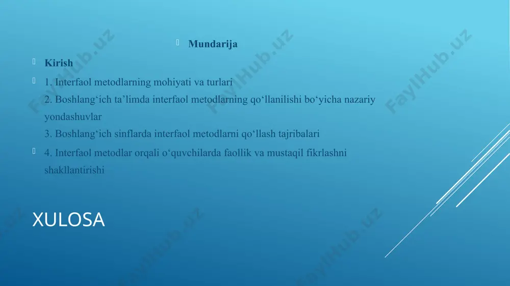 valo, ijtimoiy subyektlarning suhbat, o’zaro hamkorlikka asoslangan harakat, faoloiyatning olib borilishlarini ifodalaydi. ta’lim sohasida faoliyat yuritayotgan har bir mutaxassis yaxshi biladiki, an’anaviy ta’lim ham suhbarga asoslangan va bu suhbat o’zaro munosabat shakllarida tashkil etiladi. maktab ostonasiga ilk qadam qo'yib boshlang‘ich sinfga qabul qilingan bolaning faoliyatida o'yin asosiy o'rinni egallaydi. ta`lim sohasining xx asr so’nggi choragidan boshlab dunyo miqyosida shiddatli rivojlanishi uning inson va jamiyat taraqqiyotida dolzarb o’rin tutganidan dalolat beradi. 2. interfaol metodlar orqali o‘quvchilarda faollik va mustaqil fikrlashni shakllantirish interfaol metodlar o‘quvchilarda faollikni va mustaqil fikrlashni rivojlantirishda muhim rol o‘ynaydi. o‘quvchilar dars jarayonida faollashgan sayin, ularning mustaqil fikrlash qobiliyatlari shakllanadi. interfaol metodlar, ayniqsa, muammoli ta’lim usullari orqali o‘quvchilar o‘z bilimlarini amaliyotda qo‘llashni o‘rganadilar va yangi bilimlarni yaratishda qatnashadilar. o’quvchilarning dars jarayoniga, fanlarga bo’lgan qiziqishlarini yanada oshirishda quyidagi texnologiyalardan foydalanish mumkin: “aqliy hujum” metodi — o’qituvchi o’quvchi egallashi kerak bo’lgan mavzuni oddiydan murakkabga tomon bosqichma-bosqich loyihalab beradi; aynan ta`lim orqali …