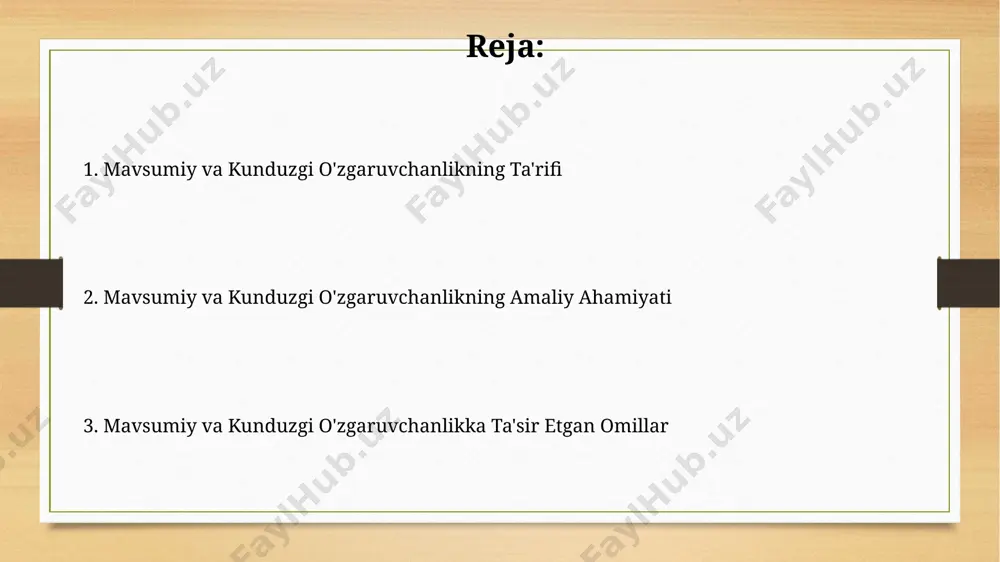 'sir qiladi. ekologik tizimlarga ta'siri qish mavsumida suv havzalari muzlashi natijasida suv organizmlarining 5-10% gacha qismini yo'qotilishi kuzatiladi, bu esa butun ekosistemaga salbiy ta'sir ko'rsatadi. yozning issiq kunlarida suv bug'lanishining kuchayishi tufayli, ayrim ko'llar va daryolar suv sathi 20-30 sm gacha pasayishi mumkin, bu esa suv ekotizimlarining bioxilma-xilligini kamaytiradi. namlikning mavsumiy va kunduzgi o'zgarishi namlikning kun davomida o'zgarishi, ayniqsa, cho'l hududlarida, 30% dan 70% gacha o'zgarib, maksimal namlik ko'pincha ertalab, minimal namlik esa quyosh botishi bilan kuzatiladi. namlikning mavsumiy o'zgarishi o'zbekistonning turli hududlarida farq qiladi; masalan, qoraqalpog'iston respublikasida yozda 60%, qishda esa 85% gacha namlik kuzatilishi mumkin. kelajak tadqiqotlari tadqiqotning keyingi bosqichida, 200 dan ortiq namunadan foydalangan holda, neyron tarmoqlari algoritmlarini qo'llab, prognoz modellarini yaratish rejalashtirilgan. kelgusi tadqiqotlarda mavsumiy va sutkalik o'zgarishlarni 10 tadan ortiq ekologik parametrlar bo'yicha, jumladan, harorat va namlikni o'lchash orqali aniqlashtirish rejalashtirilgan. inson faoliyatiga ta'siri suv resurslarining mavsumiy taqsimlanishi, 30% gacha farq qilib, sug'orish rejimiga, dehqonchilik …