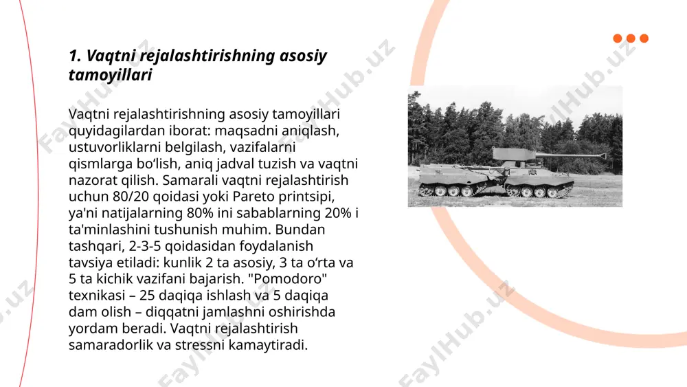 ffuslar samaradorlikni oshirishi mumkin. haftalik ish kunlari odatda 5 kunlik bo'lib, 2 kun dam olish tavsiya etiladi. bu vaqtlar ichida faoliyatingizni muvozanatda ushlab turish stressni kamaytiradi va umumiy hayot sifatini yaxshilaydi. vaqtni to'g'ri taqsimlash energiya darajasini baland tutadi va kasbiy va shaxsiy maqsadlar uchun ko'proq motivatsiya beradi. ... t.me/slaydai_bot 7. ko'p vazifalilik va uning samaradorlikka ta’siri ko'p vazifalilik samaradorlikka sezilarli ta’sir ko‘rsatishi mumkin. tadqiqotlar shuni ko'rsatmoqdaki, bir vaqtning o'zida bir nechta vazifalarni bajarishga urinish samaradorlikni 40% ga pasaytirishi mumkin. shuningdek, ko'p vazifalilik kognitiv funktsiyani susaytirib, xatolarga moyillikni oshiradi. aqliy o'zgarishlar amalga oshirilayotgan ishlarda 20-25% vaqtlari yo'qolishiga olib keladi. shu bois, bir vaqtning o'zida bir nechta ishlarni bajarishga urinmaslik tavsiya etiladi, chunki bu miya faoliyatini bo‘lib, ish sifatini pasaytiradi va tezkor qaror qabul qilish qobiliyatini kamaytirishi mumkin. ... t.me/slaydai_bot konsentratsiya va yo'riq almashtirish usullari ongni maqsadga yo'naltirilgan holda saqlash hamda vazifalarni samarali bajarishda yordam beradi. odatda, 25 daqiqa davomida to'liq diqqatni …