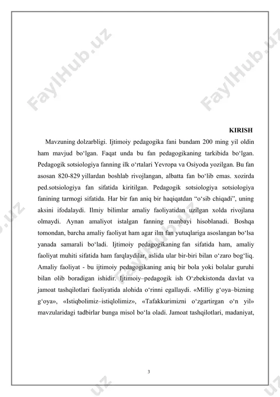 ikrlar, so‘zlar va ishlar ichida aslida ezgulik va yovuz lik yotadi. “yaxshi fikr” deganda iloxiy-qonun ruxidagi kishisiga mexribon bo‘lish, maqsadlarga ko‘maklashishga, yovuzlikka qarshi kurashishga tayyor turish, kishilarni baxt-saodati uchun harakat qilish, ahillik va do‘stlik, totuvlikda yashashga intilish ruxidagi niyatlar va fikrlar musaffoligi tushunilgan. inson o‘z fikri xayolida boshqalarga hasad qilmasligi lozim. yaxshi niyatli kishi darg‘azab bo‘lmaydi va boshqa jixatlarga berilmaydi. chunki bunday xolatda inson yaxshi niyatni yo‘qotadi, burch va adolat haqida unutadi va nojuya harakatlar qiladi. i bob. ijtimoiy pedagogikaning rivojlanishi 1.1.ijtimoiy pedagogika fanining taraqqiyot bosqichlari pedagogika fani tarixi qadimgi davrlariga borib taqaladi. ko‘p ming asrlar mobaynida pedagogika falsafaning ichida rivojlandi, kadimgi zamonlardan buyon olamda insonning o‘rni va roli, shaxsning axloqiy shaklllanishida madaniyat va dinning ahamiyati barkamol shaxs rivojlanishi masalalari va shu kabilar. shark uyg‘onish davri (9 –11asrlar) komusiy olimlari abu nasr al forobiy (873 –1037) shunday ijtimoiy pedagogik g‘oyalarni aytib o‘tganlarki, bolani ayni go‘daklik chog‘idanok tarbiyalay boshlashning zarurati, shuningdek, …