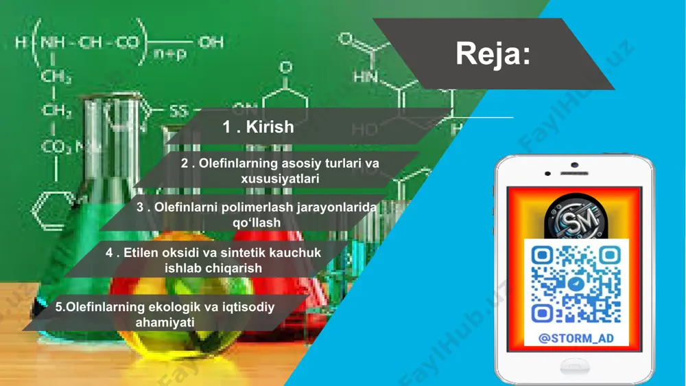 blanadi. polietilen (pe), polipropilen (pp), polibutilen (pbu) kabi plastmassalar va polimerlar olefinlar orqali ishlab chiqariladi. bu plastmassalar yengil, bardoshli va keng qo‘llaniladi. 2. akrilonitril sintezi akrilonitril ishlab chiqarish jarayonida propilen va ammiakdan foydalaniladi. akrilonitril keyinchalik sintetik kauchuk va akrilik tolalarni ishlab chiqarishda ishlatiladi. olefinlarning neft kimyoviy sintezdagi o‘rni 2 4 6 3. etilen oksidi sintezi etilen oksidi etilenni oksidlash orqali olinadi va bu o‘z navbatida antifrizlar, polyesterlar, va boshqa kimyoviy moddalarning xom ashyo bo‘ladi. 4. sintetik kauchuk ishlab chiqarish olefinlar, ayniqsa butilen va izobutilen, sintetik kauchuk ishlab chiqarishda ishlatiladi. polibutilen va styrene-butadiene kauchuklari (sbr) kabi materiallar texnik va avtomobil sanoatida keng qo‘llaniladi. 5. asetaldigid va boshqa kimyoviy moddalar ishlab chiqarish olefinlar asetaldigid (etilen oksidi va acetaldehidni ishlab chiqarishda ishlatiladi) va boshqa kimyoviy moddalarni ishlab chiqarishda muhim xom ashyo hisoblanadi. olefinlarning kimyoviy xususiyatlari va reaksiyalari polimerlash olefinlarning eng keng tarqalgan reaksiyasi bu polimerlashdir. etilen va propilen kabi olefinlar katta molekulalarni hosil …