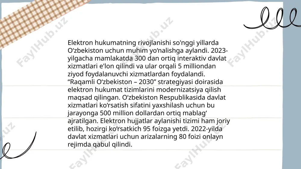 at olish muddatlari 40% ga qisqardi. elektron hukumat dasturi davlat va xususiy sektor o'rtasida samaradorlikni oshirishga qaratilgan katta qadam bo'ldi. ... t.me/slaydai_bot fuqarolarning elektron xizmatlarga kirish huquqi oʻzbekiston respublikasi qonunchiligi va davlat siyosatida muhim oʻringa ega. aholi uchun davlat portali my.gov.uz orqali 200 dan ortiq elektron xizmatlar taqdim etiladi. 2022-yilda ushbu platformadan foydalanish soni 4 milliondan oshdi. elektron xizmatlar har bir shaxsga hujjatlarni rasmiylashtirish, toʻlovlarni amalga oshirish va turli maʼlumotlarni olish imkonini beradi. milliy axborot-kommunikatsion infratuzilma rivojlanayotganligi sababli, internet xizmatlaridan foydalanuvchilar soni 22 millionga yetdi. davlat xizmatlari koʻrsatilishining elektron shakli fuqarolar vaqtini tejash va qulaylik yaratishga qaratilgan. ... t.me/slaydai_bot 10. elektron davlat xizmatlarining tartibi va qoidalari elektron davlat xizmatlari o'zbekistonda 2015-yildan e’tiboran keng qo'llanila boshlandi. fuqarolar va tadbirkorlik subyektlari uchun qulaylik yaratish maqsadida 2018-yilda my.gov.uz portali ishga tushirildi. ushbu portal orqali 200 dan ortiq xizmatlar ko'rsatiladi, jumladan, soliq deklaratsiyalari topshirish, biznesni ro'yxatga olish, va turli guvohnomalarni olish mumkin. portaldan foydalanuvchilar …