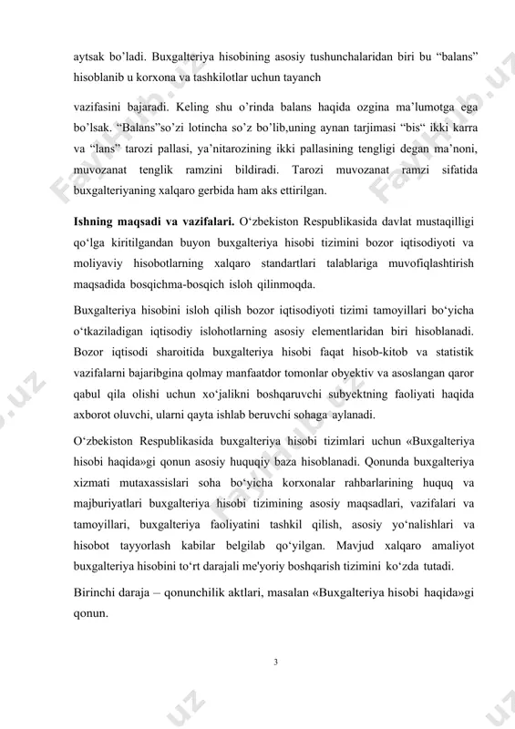 ror qabul qila olishi uchun xo‘jalikni boshqaruvchi subyektning faoliyati haqida axborot oluvchi, ularni qayta ishlab beruvchi sohaga aylanadi. o‘zbekiston respublikasida buxgalteriya hisobi tizimlari uchun «buxgalteriya hisobi haqida»gi qonun asosiy huquqiy baza hisoblanadi. qonunda buxgalteriya xizmati mutaxassislari soha bo‘yicha korxonalar rahbarlarining huquq va majburiyatlari buxgalteriya hisobi tizimining asosiy maqsadlari, vazifalari va tamoyillari, buxgalteriya faoliyatini tashkil qilish, asosiy yo‘nalishlari va hisobot tayyorlash kabilar belgilab qo‘yilgan. mavjud xalqaro amaliyot buxgalteriya hisobini to‘rt darajali me'yoriy boshqarish tizimini ko‘zda tutadi. birinchi daraja – qonunchilik aktlari, masalan «buxgalteriya hisobi haqida»gi qonun. ikkinchi daraja – asosiy qoidalar yig‘indisi, ya'ni buxgalteriya standartlari. bu darajada buxgalteriya hisobi bilan bog‘liq shaxslar bir xilda faoliyat yuritishlari uchun asosiy buxgalteriya hujjatlari va qo‘llaniladigan hujjatlarni yuritish, tushunchalari va tamoyillari (qoidalari) belgilanadi. dunyo amaliyotida hozircha 30 dan ortiq standartlar belgilangan. uchinchi daraja – mamlakat bo‘yicha turli muassasalardagi har xil tarmoqlarda buxgalteriya hisobini yuritish borasida ishlab chiqilgan turlicha uslubiy ko‘rsatma va tavsiyanomalar. to‘rtinchi daraja – …