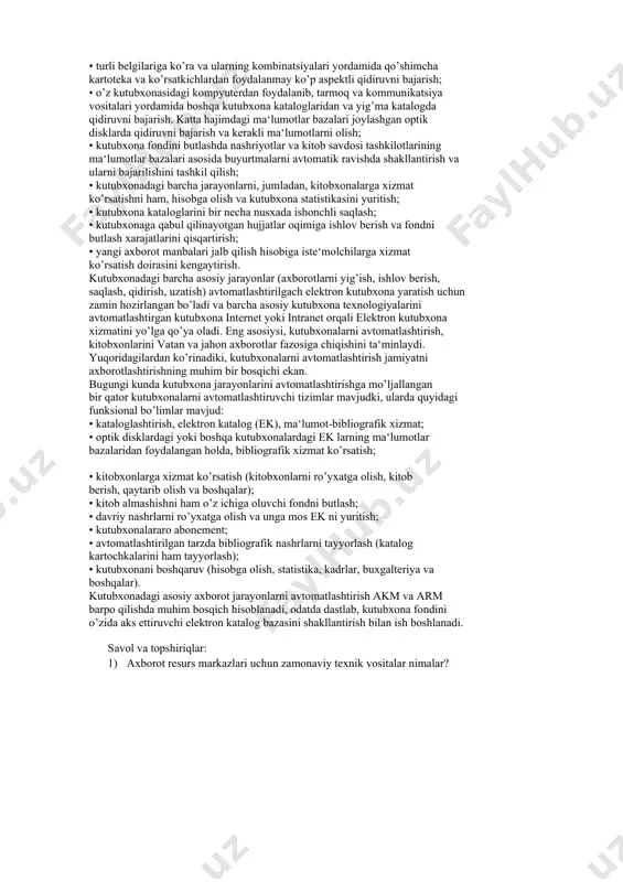 inishi va ular to’laqonli faoliyat yuritishlari uchun kutubxonadagi quyidagi asosiy jarayonlar avtomatlashtirilishi zarur: • kutubxonaga qabul qilinayotgan yangi hujjatlarga avtomatik tarzda (texnik va ilmiy) ishlov berish; • kartotekalarni, nashrlar ro’yxatini, buyurtmalarni, xatlarni, hisobot hujjatlarini tayyorlash; • qabul qilinayotgan hujjatlarning ma‘lumotlar bazasini yaratish; • turli mavzudagi adabiyotlar arxivini yaratish va undan nusxa olish bo’yicha operatsiyalarni bajarish; • kitobxonlar so’roviga mos holda bibliografik tasvirning barcha elementlari bo’yicha qidiruvni bajarish; • kutubxonaning axborot va davriy nashrlarining ma‘lumotlar bazalari orqali xizmat ko’rsatish; • jurnal maqolalarining bibliografik tavsiflari massivini yuritish; • elektron ma‘lumotnomalar yaratish; • berilgan adabiyotlarni nazorat qilish; • kitobxonlar va ularning formulyarlarini hisobga olish; • berilgan adabiyotlarni kitobxonning formulyariga avtomatik tarzda yozib qo’yish; • kitoblarni o’z vaqtida qaytarib berilishini nazorat qilish; • kutubxona elektron katalogini shakllantirish, yuritish. 40 yuqorida ko’rsatilgan kutubxonadagi asosiy jarayonlar avtomatlashtirilgach akm va arm larida quyidagi imkoniyatlar paydo bo’ladi: • axborot qidiruvi tezligi oshadi; • ma‘lumotlarni bir marotaba kiritish va …