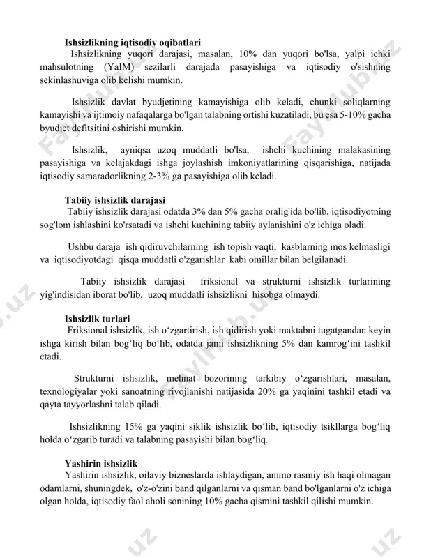 iqtisodiy o'sishning sekinlashuviga olib kelishi mumkin. ishsizlik davlat byudjetining kamayishiga olib keladi, chunki soliqlarning kamayishi va ijtimoiy nafaqalarga bo'lgan talabning ortishi kuzatiladi, bu esa 5-10% gacha byudjet defitsitini oshirishi mumkin. ishsizlik, ayniqsa uzoq muddatli bo'lsa, ishchi kuchining malakasining pasayishiga va kelajakdagi ishga joylashish imkoniyatlarining qisqarishiga, natijada iqtisodiy samaradorlikning 2-3% ga pasayishiga olib keladi. tabiiy ishsizlik darajasi tabiiy ishsizlik darajasi odatda 3% dan 5% gacha oralig'ida bo'lib, iqtisodiyotning sog'lom ishlashini ko'rsatadi va ishchi kuchining tabiiy aylanishini o'z ichiga oladi. ushbu daraja ish qidiruvchilarning ish topish vaqti, kasblarning mos kelmasligi va iqtisodiyotdagi qisqa muddatli o'zgarishlar kabi omillar bilan belgilanadi. tabiiy ishsizlik darajasi friksional va strukturni ishsizlik turlarining yig'indisidan iborat bo'lib, uzoq muddatli ishsizlikni hisobga olmaydi. ishsizlik turlari friksional ishsizlik, ish oʻzgartirish, ish qidirish yoki maktabni tugatgandan keyin ishga kirish bilan bogʻliq boʻlib, odatda jami ishsizlikning 5% dan kamrogʻini tashkil etadi. strukturni ishsizlik, mehnat bozorining tarkibiy oʻzgarishlari, masalan, texnologiyalar yoki sanoatning rivojlanishi natijasida …