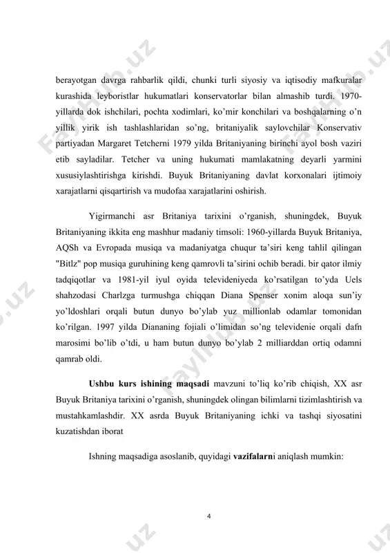 y-iqtisodiy va madaniy faoliyati bilan tanishish · xx asrda buyuk britaniyaning tashqi siyosati va jahon tarixidagi rolini o’rganib chiqish kurs ishi ob’ekti: xx asr jahon tarixidagi buyuk britaniyaning ichki va tashqi siyosati. ishda qo’llaniladigan tadqiqot usullari: analiz, tahlil, sintez, umumlashtirish, tarixiy usul. kurs ishi tarkibi kirish, 3 bob va pharagirflar, xulosa va foydalanilgan adabiyotlardan iborat. i bob. xx asrda buyuk britaniyaning ichki siyosati. 1.1 britaniya 1880-1980 yillarda. xx asrda buyuk britaniya juda o’zgardi. oddiy odamlarning hayoti o’zgardi va ancha qulay bo’ldi. xx asr boshlarida ishchilar sinfi uchun hayot og’ir edi. 1900 yilda o’tkazilgan so’rovlar shuni ko’rsatdiki, aholining 15% dan 20% gacha bo’lgan qismi tirikchilik darajasida (yalang’och omon qolish) yashaydi. eng yomoni, aholining 8% dan 10% gacha bo’lgan qismi yashash darajasidan past edi. bu raqamlar bizni hayratda qoldiradigandek tuyuladi, lekin esda tutingki, har doim shunday bo’lgan. darhaqiqat, tarixning boshida vaziyat bundan ham yomonroq edi. aholining katta qismi har doim tirikchilik darajasida …