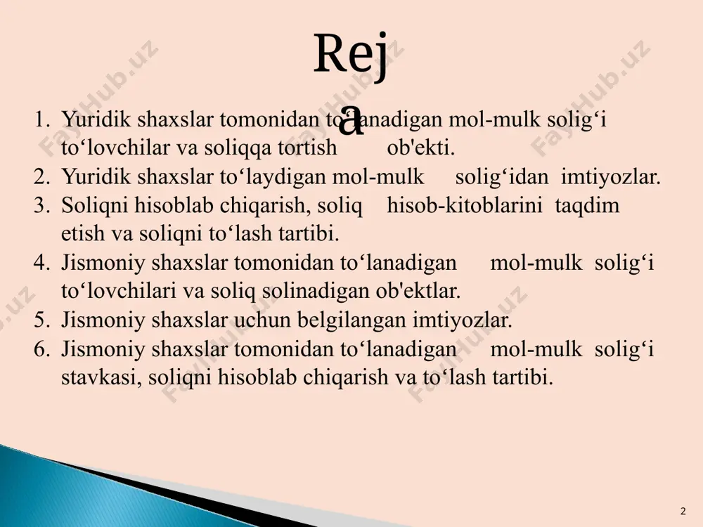 kkinchidan, korxonalar balansidagi mol-mulkdan samarali foydalanishni ragʻbatlantirishdan iborat. chunki, korxonalarning ma'naviy va jismoniy tomondan eskirgan asosiy vositalarini yangi, ilgʻor texnologiya-uskunalar bilan yangilashi ishlab chiqarilayotgan tovarlarning bahosini arzonlashtiradi va raqobatbardosh tovarlar ishlab chiqarishga imkon beradi yuridik shaxsning mol mulk solig’i tolovchilari quyidagilardan iborat 5 1) o‘zbekiston respublikasi hududida ushbu kodeksning 411-moddasiga muvofiq soliq solish obyekti hisoblanuvchi mol-mulkka ega bo‘lgan o‘zbekiston respublikasi yuridik shaxslari; 2) o‘zbekiston respublikasi hududida ko‘chmas mulkka ega bo‘lgan o‘zbekiston respublikasining norezidentlari bo‘lgan yuridik shaxslar. agar ko‘chmas mulk mulkdorining joylashgan yerini aniqlashning imkoni bo‘lmasa, ushbu mulkka egalik qiluvchi va (yoki) undan foydalanuvchi shaxs soliq to‘lovchi hisoblanadi. agar yuridik shaxs ko‘chmas mulkni moliyaviy ijaraga (lizing) olgan bo‘lsa, u ham soliq to‘lovchi deb e’tirof etiladi. quyidagilar yuridik shaxslarning mol-mulk solish obyektidir: 1) ko‘chmas mulkka bo‘lgan huquqlarni davlat ro‘yxatidan o‘tkazuvchi organlarda ro‘yxatdan o‘tkazilishi lozim bo‘lgan binolar va inshootlar; 3) temir yo‘llar, magistral quvurlar, aloqa va elektr uzatish liniyalari, shuningdek mazkur obyektlarning ajralmas …