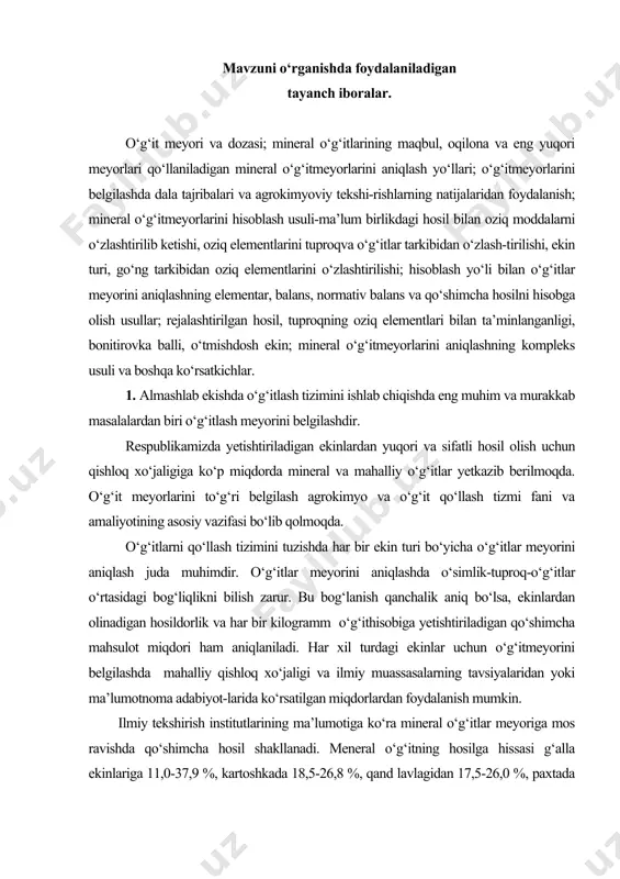 ‘ithisobiga yetishtiriladigan qo‘shimcha mahsulot miqdori ham aniqlaniladi. har xil turdagi ekinlar uchun o‘g‘itmeyorini belgilashda mahalliy qishloq xo‘jaligi va ilmiy muassasalarning tavsiyalaridan yoki ma’lumotnoma adabiyot-larida ko‘rsatilgan miqdorlardan foydalanish mumkin. ilmiy tekshirish institutlarining ma’lumotiga ko‘ra mineral o‘g‘itlar meyoriga mos ravishda qo‘shimcha hosil shakllanadi. meneral o‘g‘itning hosilga hissasi g‘alla ekinlariga 11,0-37,9 %, kartoshkada 18,5-26,8 %, qand lavlagidan 17,5-26,0 %, paxtada 22,8-51,8%, zig‘irda 20,4-25,0% ni tashkil etadi. qo‘shimcha hosildagi npk hissasi ham turlicha bo‘ladi. iqlim sharoitiga qarab nrk ning hosildagi hissasi o‘zgarib turadi. qishloq xo‘jalik ekinlarini qo‘shimcha hosil shakllanishida o‘rtacha o‘g‘it hissasi, % (l.m.derjavin ma’lumoti) ekin turi n р2 о5 к2о don ekinlari 28,3-63,0 16,9-61,9 6,2-28,2 makkajo‘hori (don) 35,4-58,3 33,5-61,4 0,0-31,1 kartoshka (tuganak) 36,1-41,9 24,2-36,0 29,6-40,0 qand lavlagi (ildizmeva) 27,8-40,6 35,9-50,0 22,1-27,3 zig‘ir (somonida) 30,5-56,8 22,1-43,2 0,0-38,2 paxta (tolasi) 20,4-48,4 22,8-51,8 26,0-49,8 tavsiya etiladigan o‘g‘itmeyorlariga muayyan tuproq, xo‘jalik sharoitlari hamda rejalashtirilgan hosil asosida tegishli aniqlik va o‘zgartirishlar kiritiladi. o‘g‘itmeyorini rejalashda xo‘jaliklarning mineral o‘g‘itlarni harid …