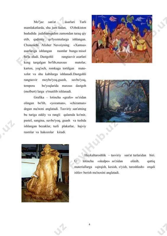 iy san'atning bu turiga oddiy va rangli qalamda ko'mir, pastel, sangina, suvbo'yoq, guash va tushda ishlangan bezaklar, turli plakatlar, hajviy rasmlar va hakozolar kiradi. haykaltaroshlik – tasviriy san'at turlaridan biri. u lotincha «skulpo» so'zidan olinib, qattiq materiallarga «qirqish, kesish, o'yish, taroshlash» orqali ishlov berish ma'nosini anglatadi. tasviriy san'atning turlari. portret – rangtasvir janrlari ichida eng qadimiylaridan bo'lib, kishilarning tashqi va ichki kechinmalarini tasvir orqali ochib beradi. portret janrida ishlangan tasviriy san'at asarlari bizga musavvir yashagan davrni,madaniyatini hamda tasvirdagi kishining ruhiyatini asarda talqin etadi. avtoportret – portret janrining ko'rinishlaridan biri bo'lib, musavvir o'zining tashqi qiyofasini o'zi tasvirlaydi. manzara – janrdagi asarlarda borliq, tabiatdagi ko'rinishlar haqqoniy aks ettiriladi. manzarada faqatgina narsa va voqealar emas, balki musavvirning ichki kechinmalari ham ifodalanadi. ayrim musavvirlar vodiylarni tog'u-toshlarni tasvirlashga ishqiboz bo'lsalar, boshqalari dengiz manzarasini tasvirlashda mohirdirlar. manzara janrida musavvirlardan o'. tansiqboyevning «o'zbekistonda mart», «jonajon o'lka», «mening qo'shig'im», n. kashinaning «tog'da bahor», z. inog'omovning «arpa o'rimi», «choyga», …