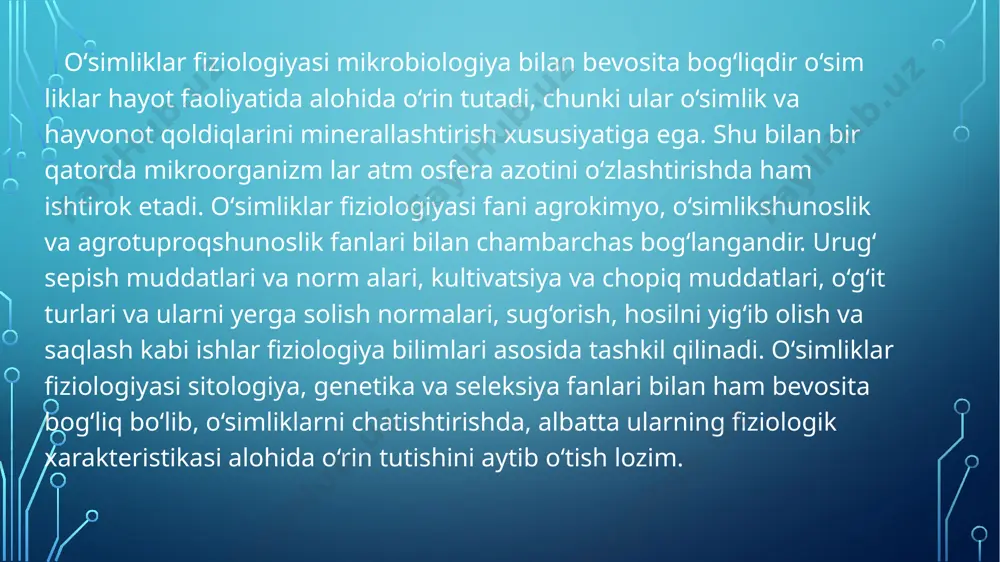 hkil topgan. ularning devori yupqa, uzoq vaqggacha tiriklik xususiyatini saqlab qoladi va o'zidan sekret chiqaradi. eng muhim sekretlar — terpinlardir. ular efir moylari, kauchuk, balьzam, smolalardan iborat. qarag'ay efir moylaridan skipidar, kanifol moddalari ajratib olinadi. bundan tashqari bu to'qimalar o'zidan qand, oqsil, tuzlar, suv ham chiqaradi. terpinlar va oqsillar hujayraning endoplazmatik retikulumida, shilimshiq shiralar esa, goldji apparatida sintez qilinadi. sekret to'qimalar, o'zidan ajratadigan moddalarning tashqariga chiqarilishi yoki ichkarida saqlanib qolishiga asoslanib, ikki guruhga: tashqariga chiqaruvchi va sekretlarni saqlovchi to'qimalarga bo'linadi. evolyutsiya jarayonida tashqariga chiqaruvchi to'qima epidermadan, sekretlarni saqpovchi to'qima esa, assimilyatsiya va g'amlovchi to'qimalardan kelib chiqqan. tashqariga sekret chiqaruvchi to'qimalar bezsimon tuklar, nektar, gidatodalar shaklida bo'ladi. bezsimon tuklar yoki trixomalar epidermadan paydo bo'ladi. bu bezlar birxujayrali yoki ko'phujayrali boshchadan iborat. ular chiqaradigan sekret yoki suyuqpik asosan, efir moylari­dan iborat bo'lib, kutikula ostida to'planadi. bu xildagi bezsimon tuklar labguldoshlar (rozmarin, lagoxilus ko'kparang), murakkabguldoshlar va boshqa oila vakillarining barg va novdalarida joylashgan. …